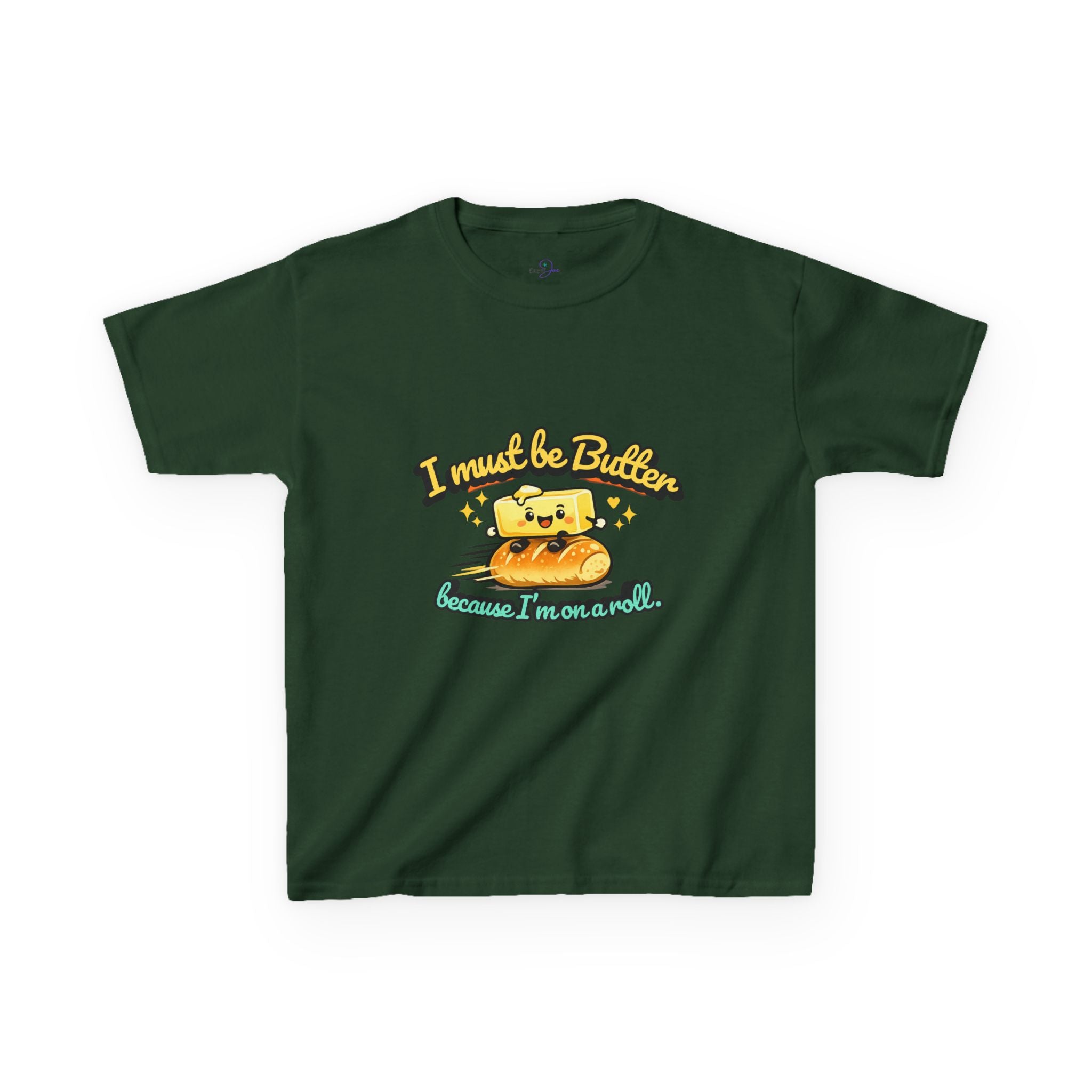 I Must Be Butter because I'm on a roll Kids Tee | Cute Butter Toast Cartoon, Playful Food Shirt