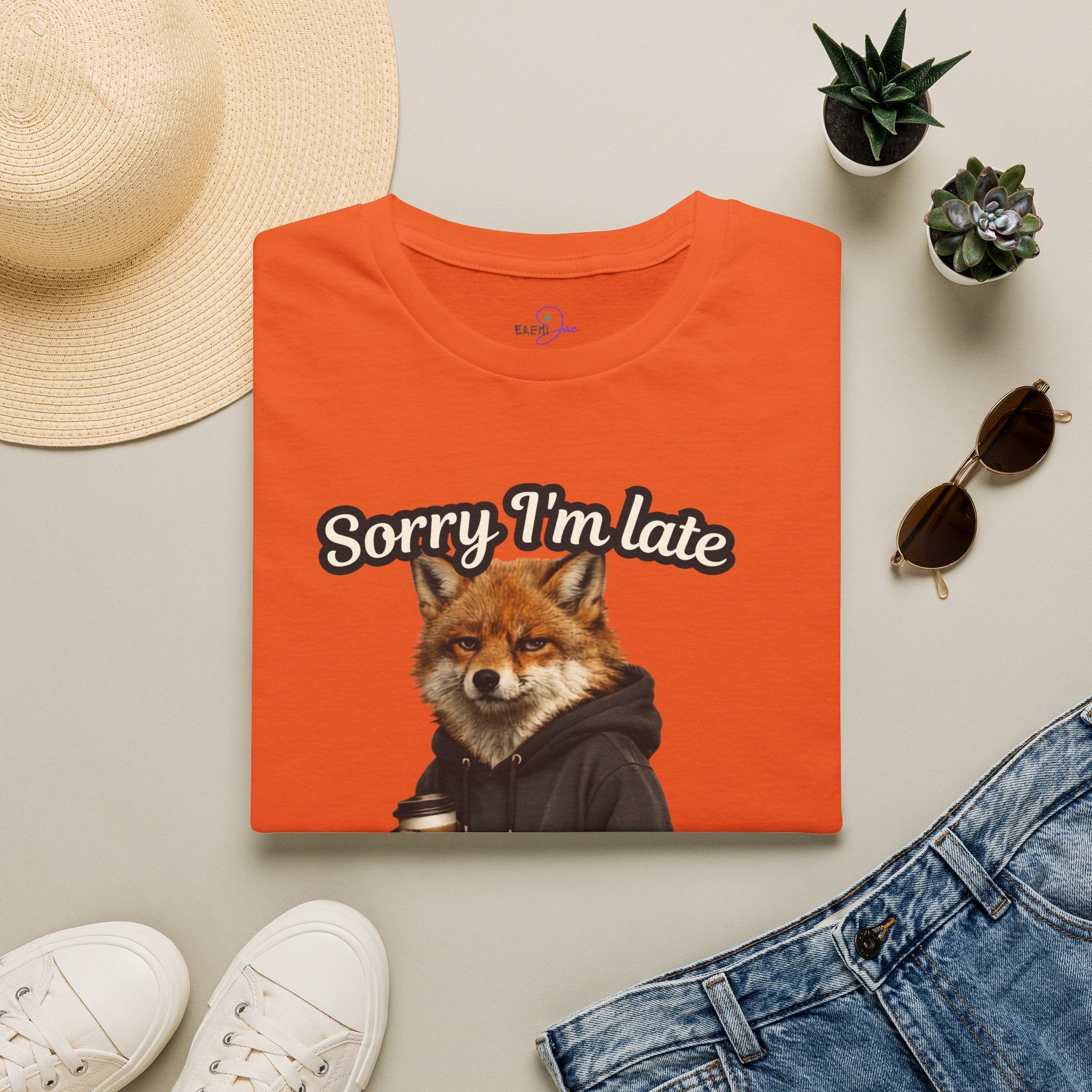 Sorry I'm Late I don't want to be here Realistic Fox Hoodie Graphic T-Shirt | Fox with Coffee Shirt