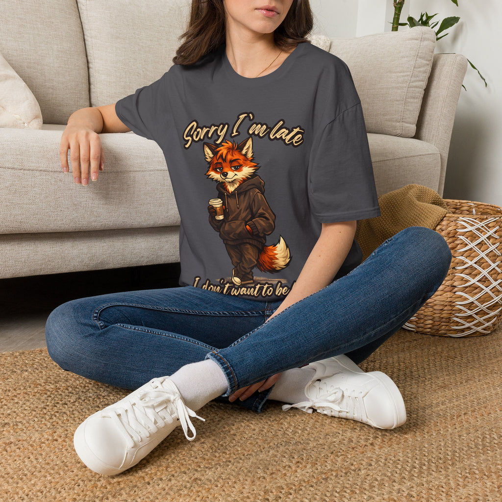 Sorry I'm Late I don't want to be here Cartoon Fox Graphic T-Shirt | Fox Illustration