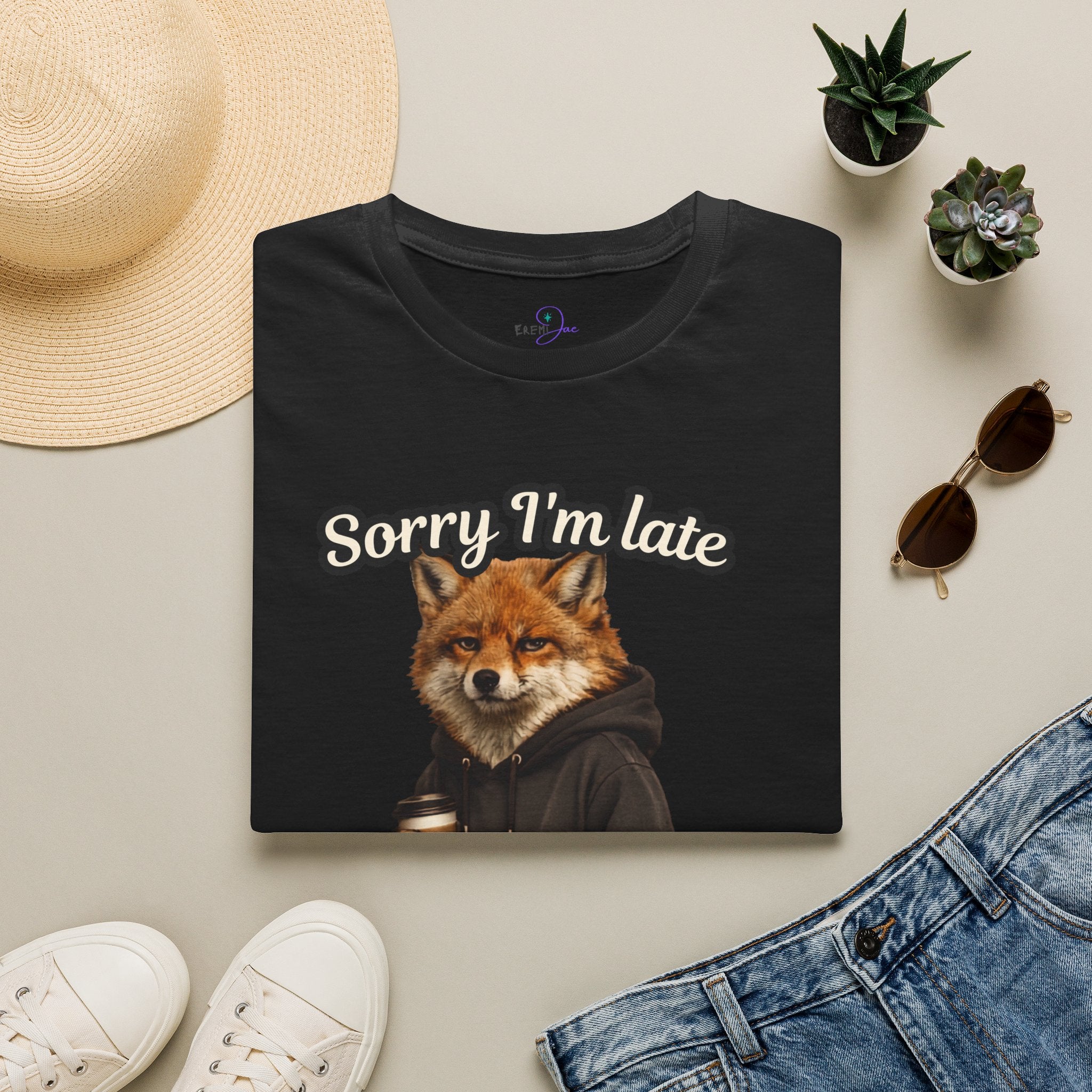 Sorry I'm Late I don't want to be here Realistic Fox Hoodie Graphic T-Shirt | Fox with Coffee Shirt
