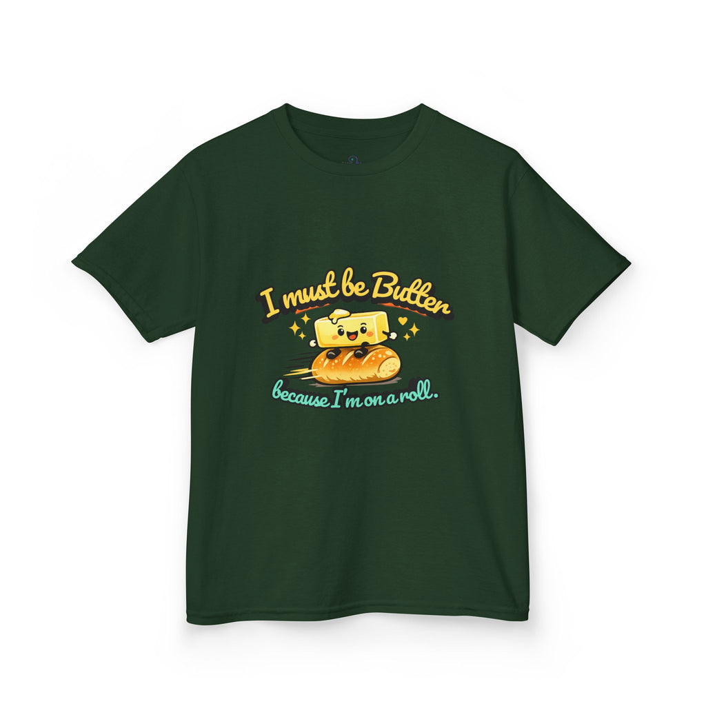I Must Be Butter because I'm on a roll Kids Tee | Cute Butter Toast Cartoon, Playful Food Shirt