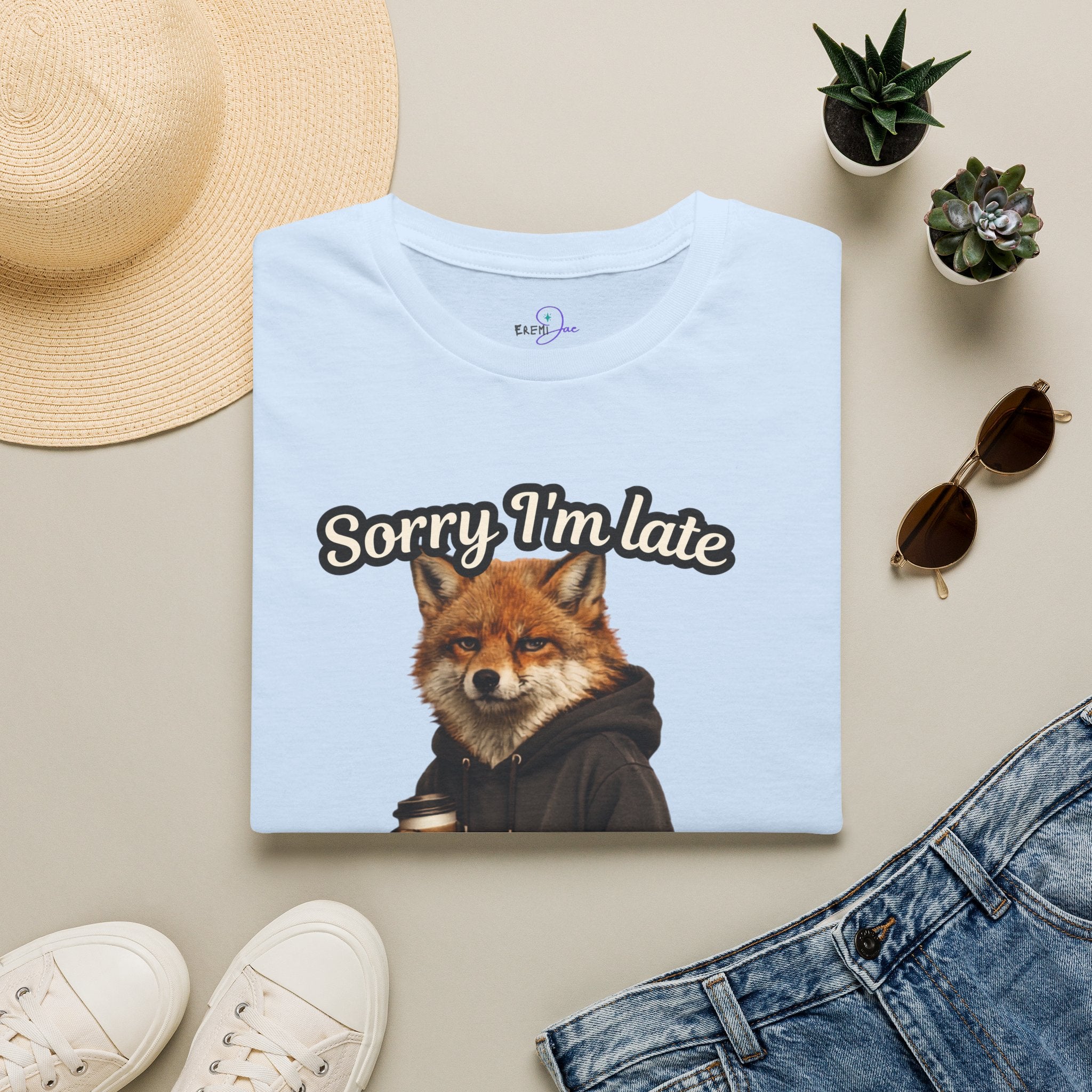 Sorry I'm Late I don't want to be here Realistic Fox Hoodie Graphic T-Shirt | Fox with Coffee Shirt