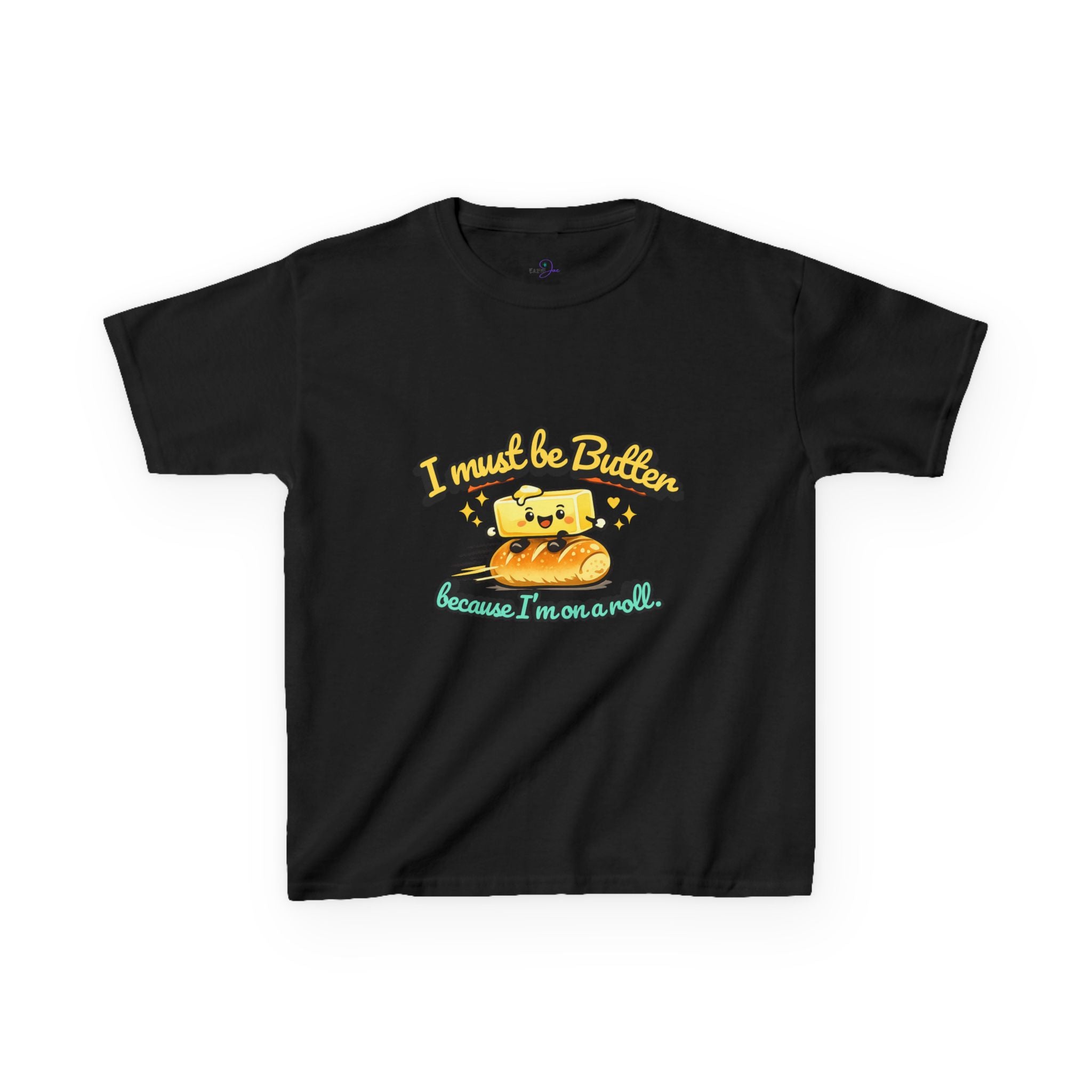 I Must Be Butter because I'm on a roll Kids Tee | Cute Butter Toast Cartoon, Playful Food Shirt