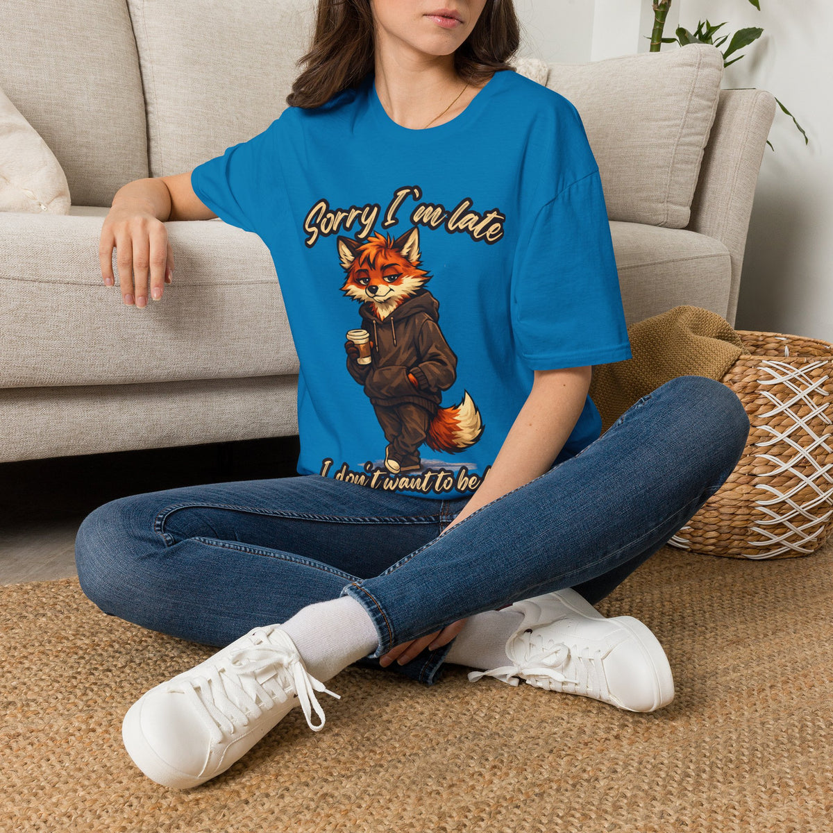 Sorry I'm Late I don't want to be here Cartoon Fox Graphic T-Shirt | Fox Illustration