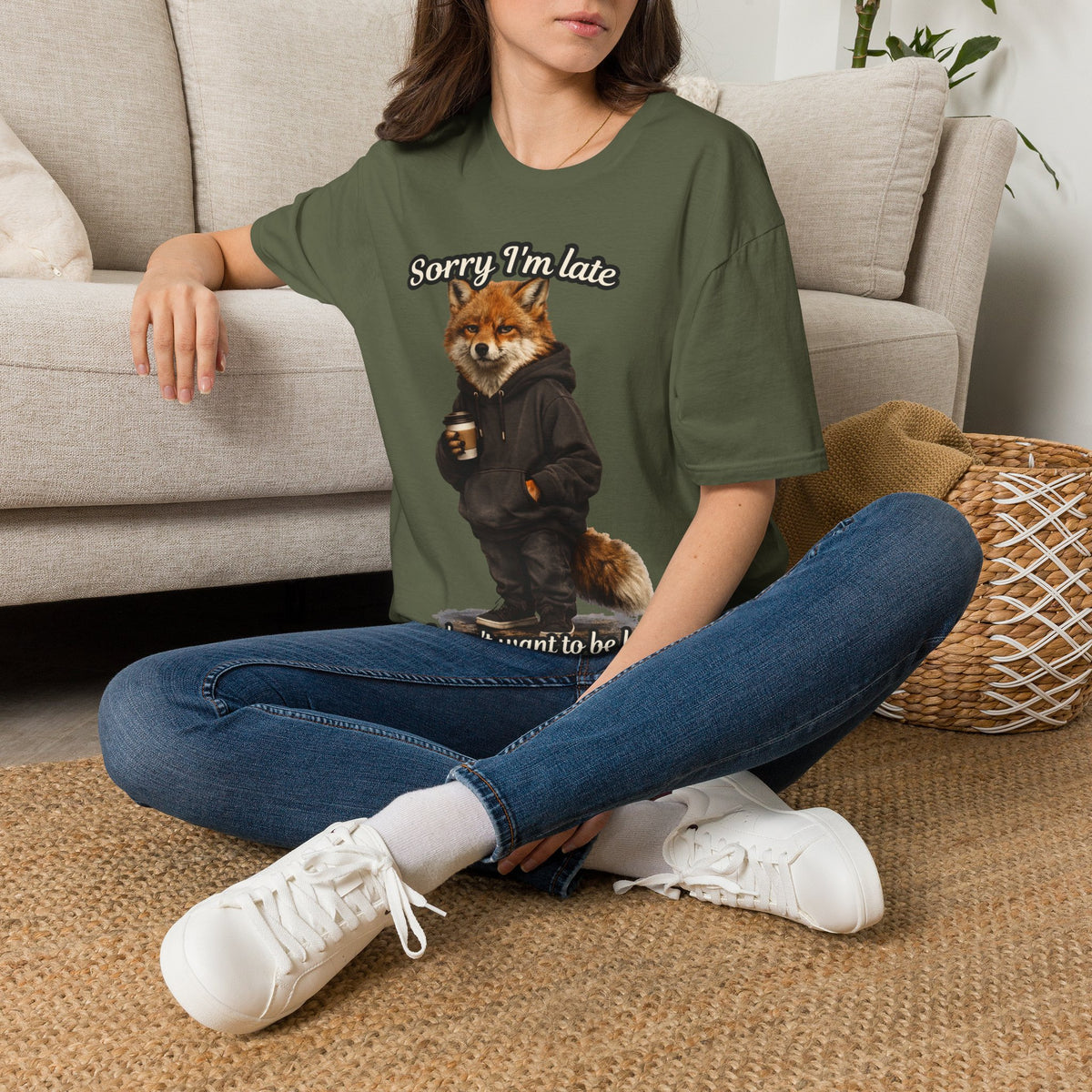 Sorry I'm Late I don't want to be here Realistic Fox Hoodie Graphic T-Shirt | Fox with Coffee Shirt