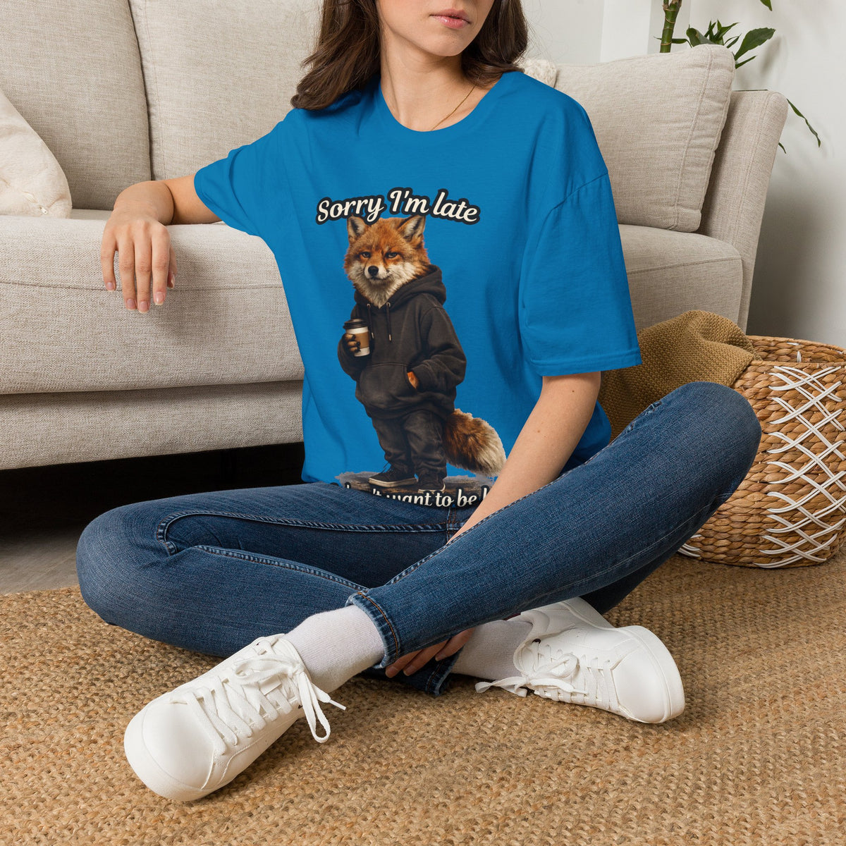 Sorry I'm Late I don't want to be here Realistic Fox Hoodie Graphic T-Shirt | Fox with Coffee Shirt