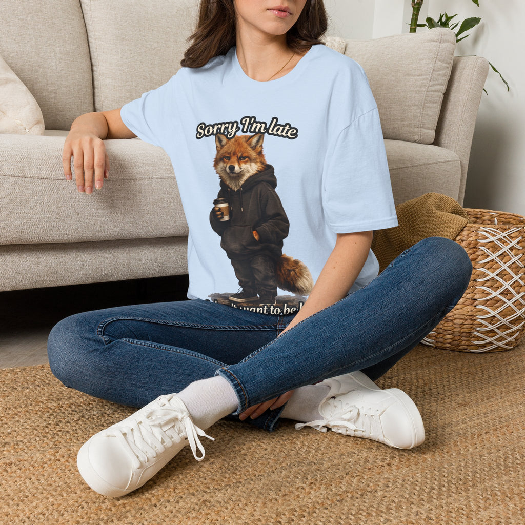 Sorry I'm Late I don't want to be here Realistic Fox Hoodie Graphic T-Shirt | Fox with Coffee Shirt