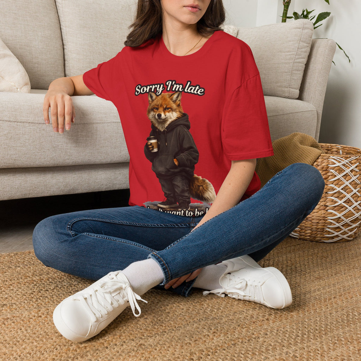 Sorry I'm Late I don't want to be here Realistic Fox Hoodie Graphic T-Shirt | Fox with Coffee Shirt