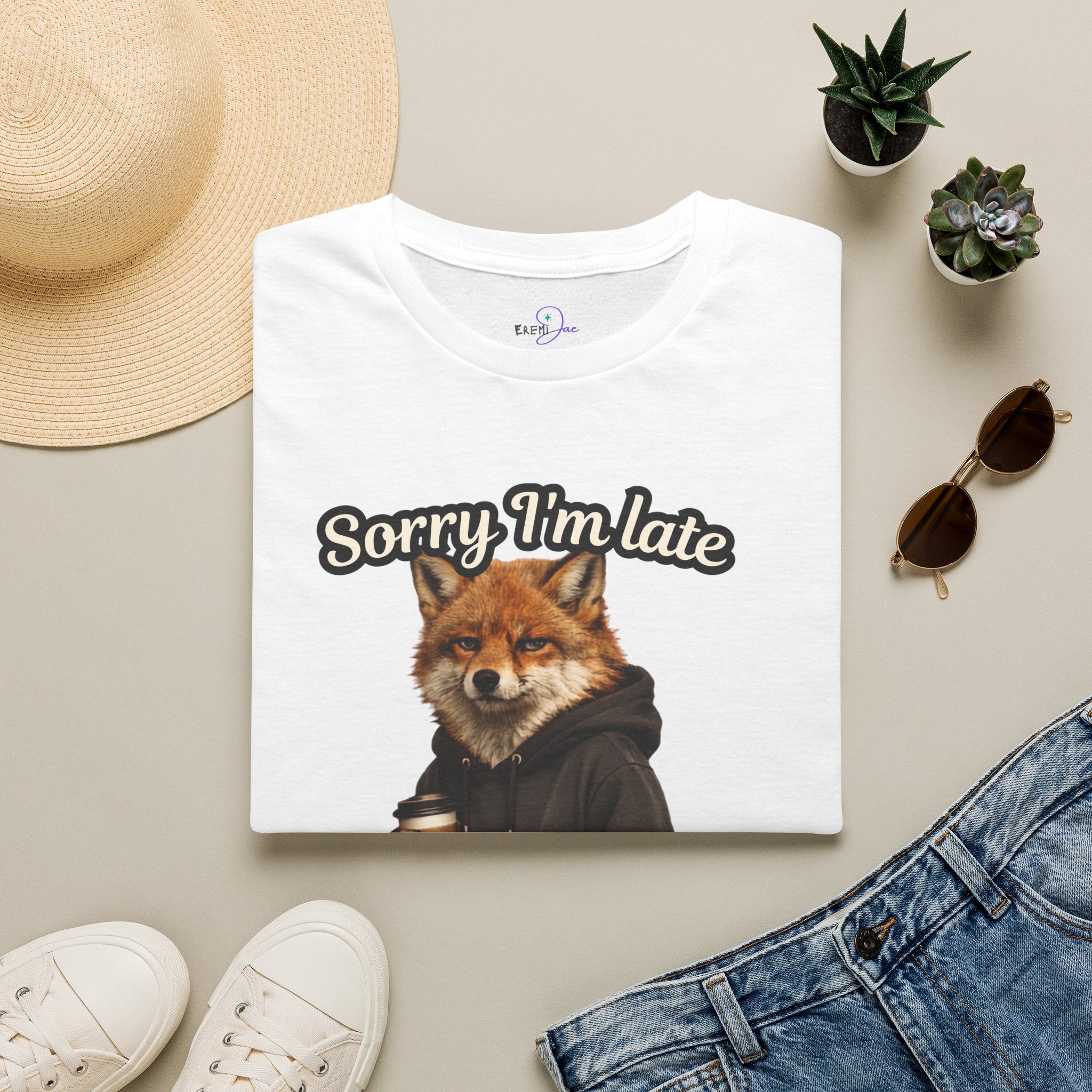 Sorry I'm Late I don't want to be here Realistic Fox Hoodie Graphic T-Shirt | Fox with Coffee Shirt