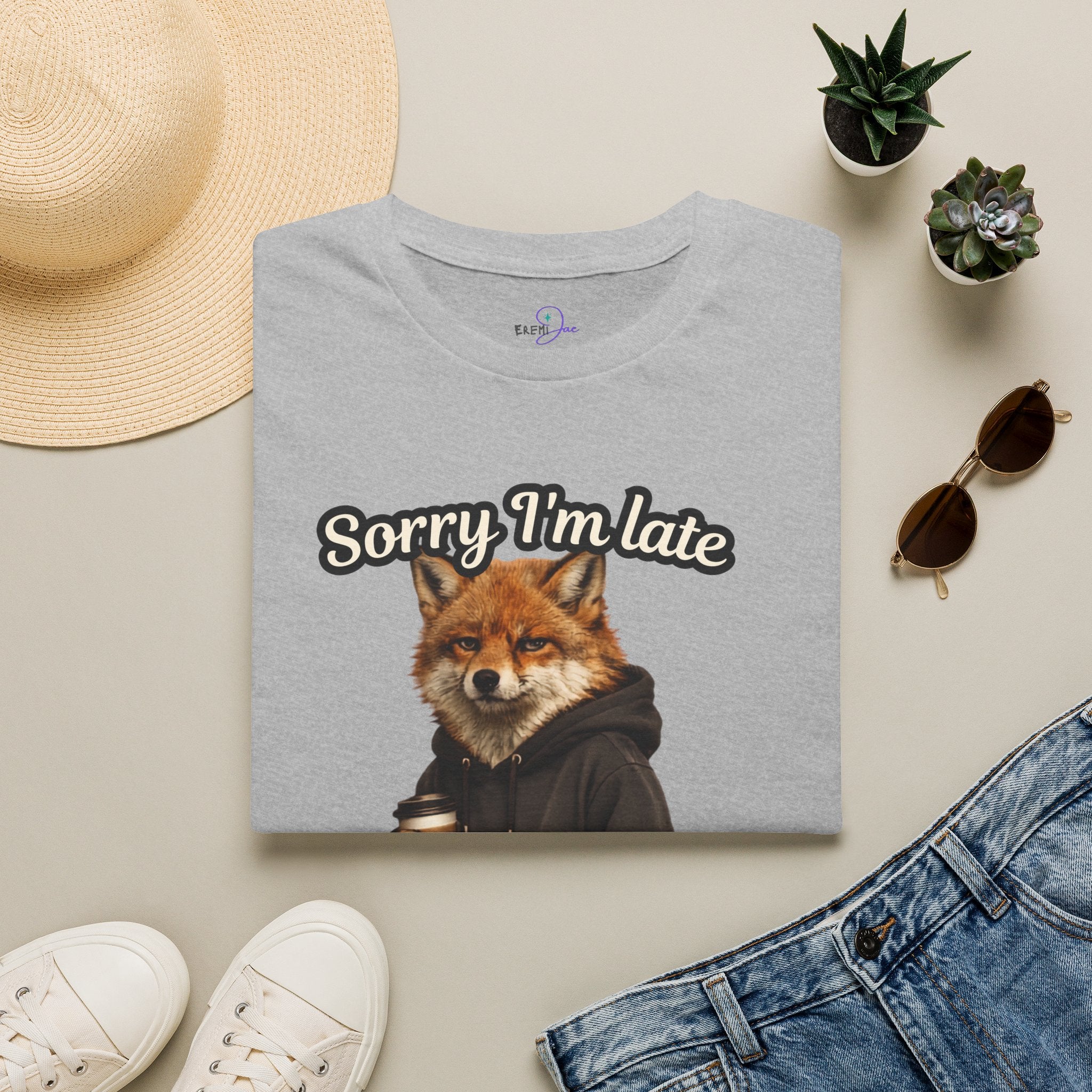 Sorry I'm Late I don't want to be here Realistic Fox Hoodie Graphic T-Shirt | Fox with Coffee Shirt