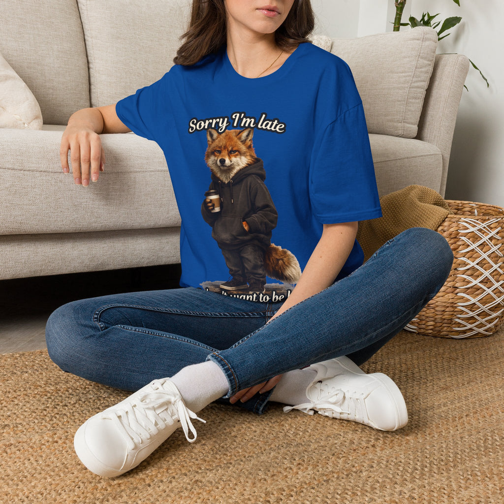 Sorry I'm Late I don't want to be here Realistic Fox Hoodie Graphic T-Shirt | Fox with Coffee Shirt