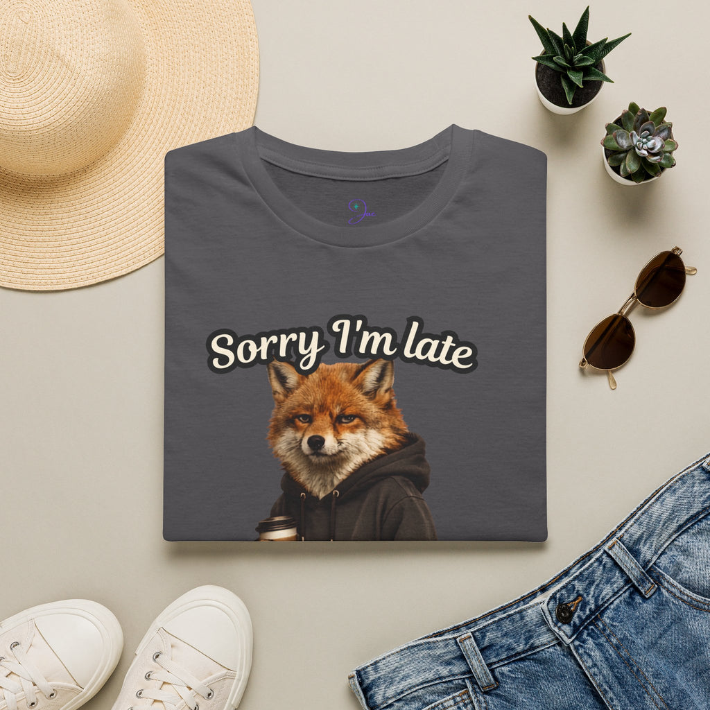 Sorry I'm Late I don't want to be here Realistic Fox Hoodie Graphic T-Shirt | Fox with Coffee Shirt