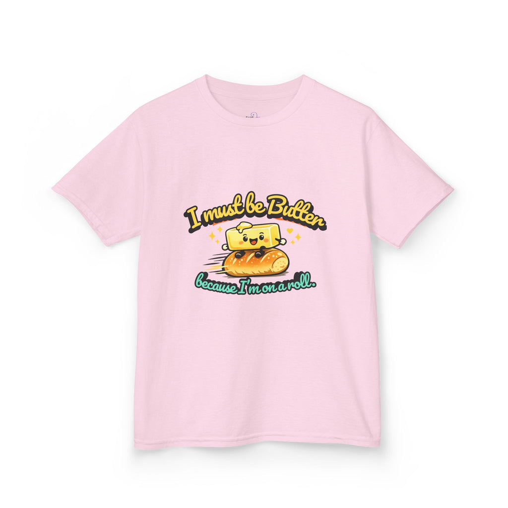 I Must Be Butter because I'm on a roll Kids Tee | Cute Butter Toast Cartoon, Playful Food Shirt