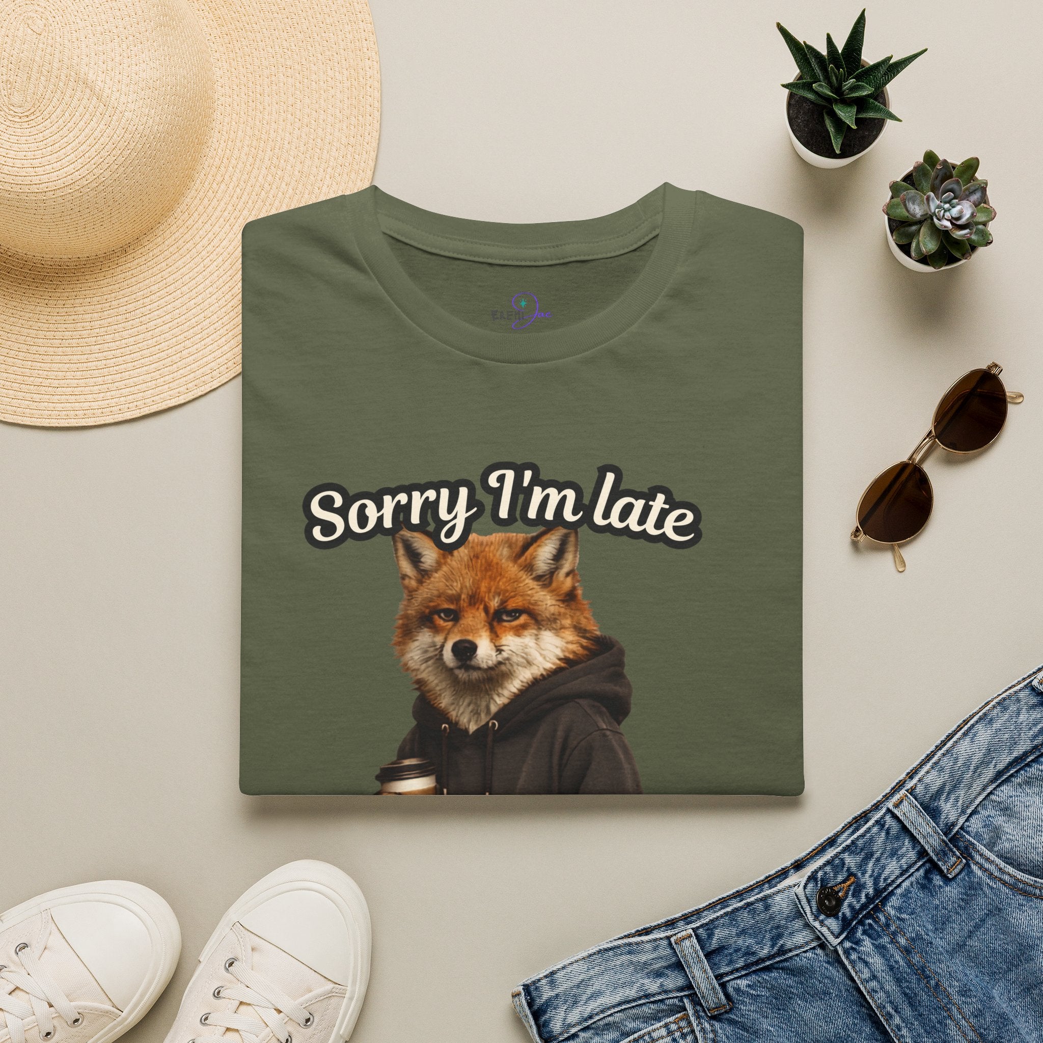 Sorry I'm Late I don't want to be here Realistic Fox Hoodie Graphic T-Shirt | Fox with Coffee Shirt