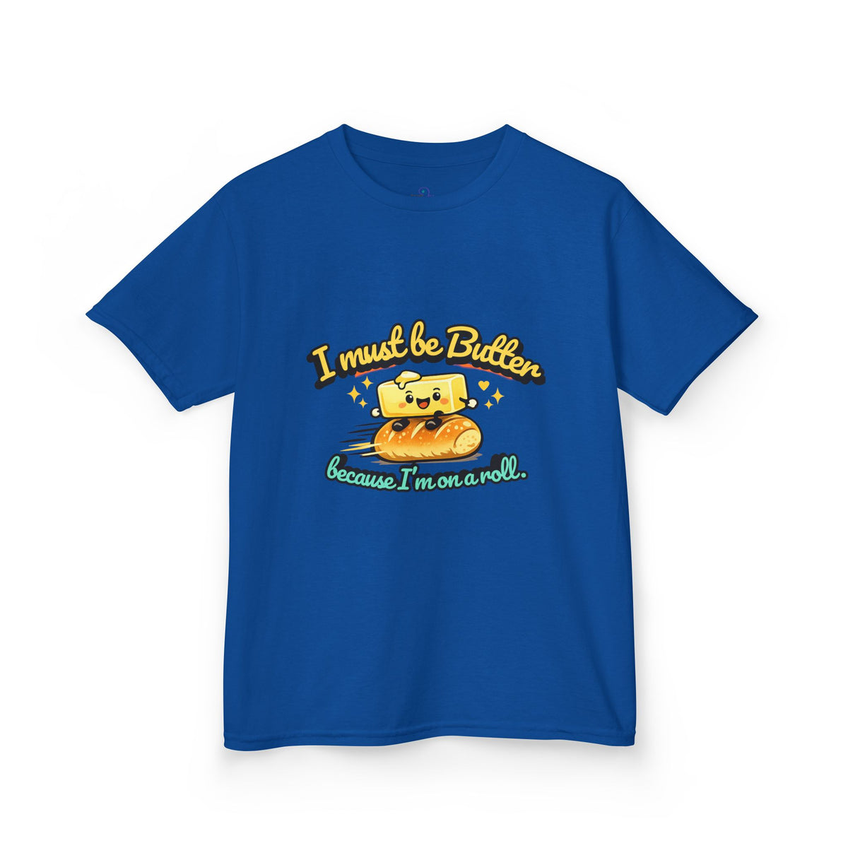 I Must Be Butter because I'm on a roll Kids Tee | Cute Butter Toast Cartoon, Playful Food Shirt