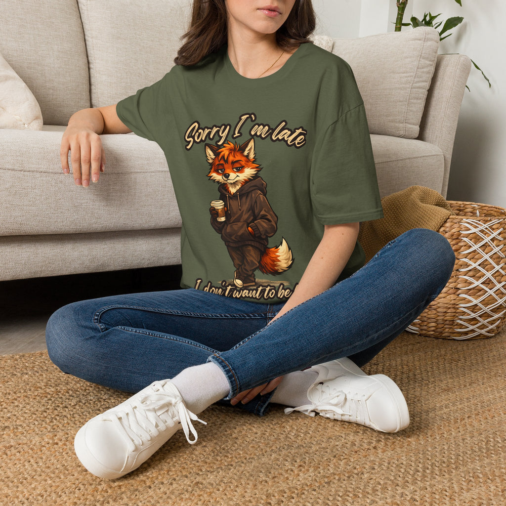 Sorry I'm Late I don't want to be here Cartoon Fox Graphic T-Shirt | Fox Illustration