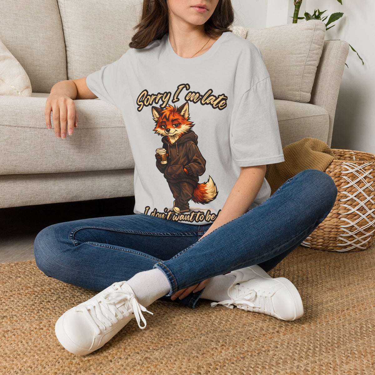 Sorry I'm Late I don't want to be here Cartoon Fox Graphic T-Shirt | Fox Illustration