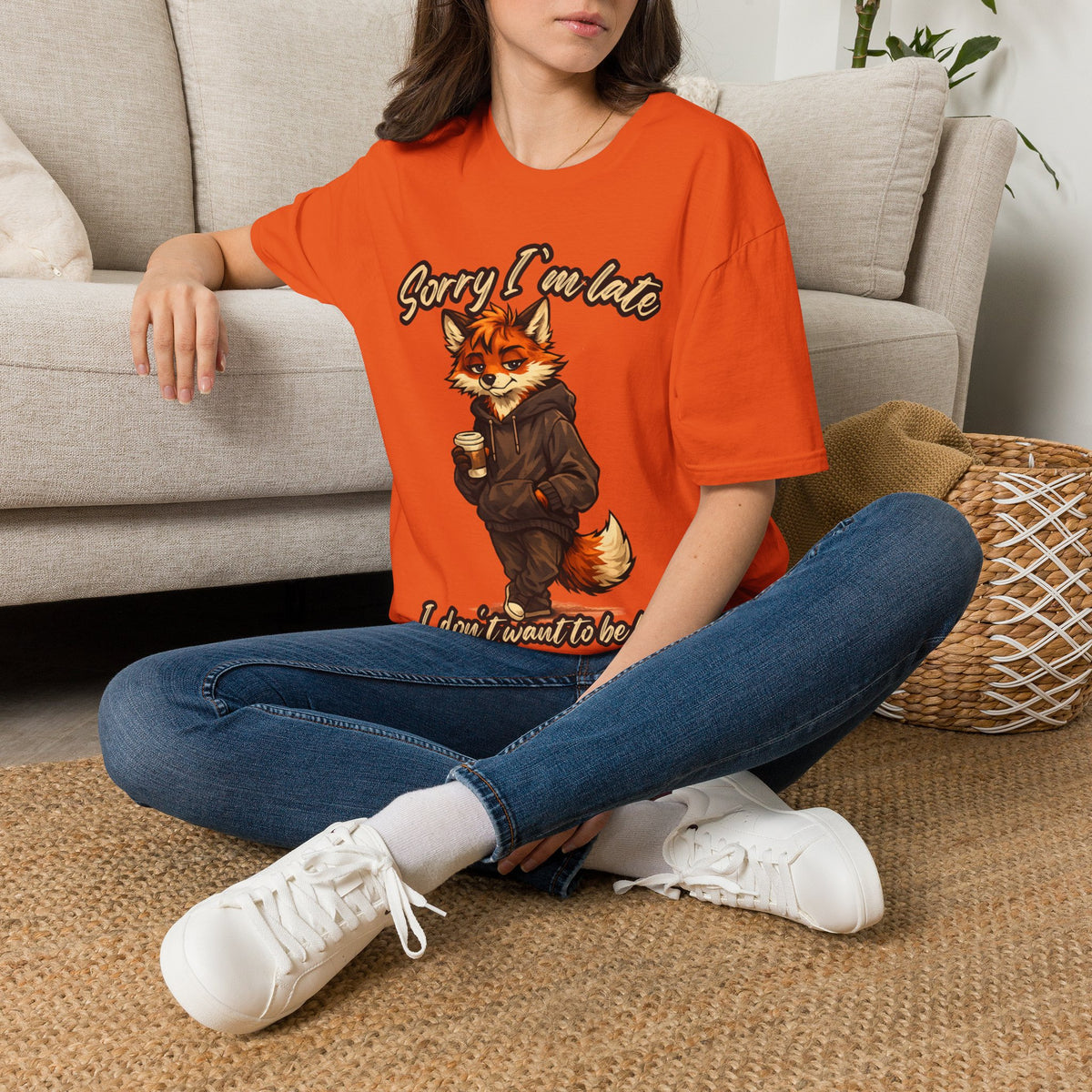 Sorry I'm Late I don't want to be here Cartoon Fox Graphic T-Shirt | Fox Illustration
