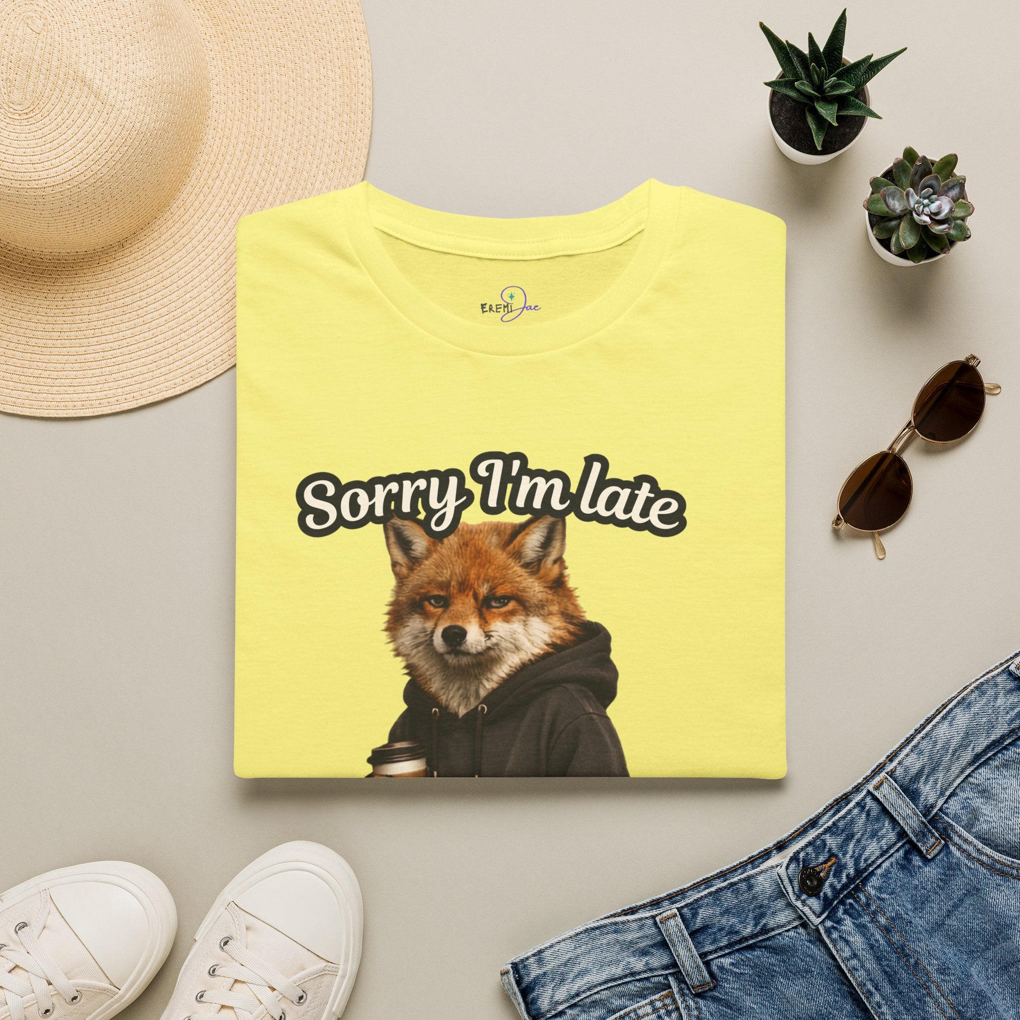 Sorry I'm Late I don't want to be here Realistic Fox Hoodie Graphic T-Shirt | Fox with Coffee Shirt