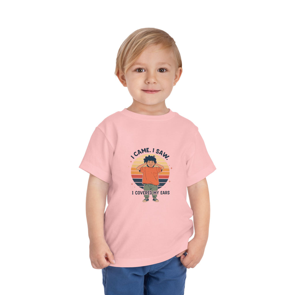 I Came I Saw I Covered My Ears Toddler Tee | Retro Sunset Boy Illustration