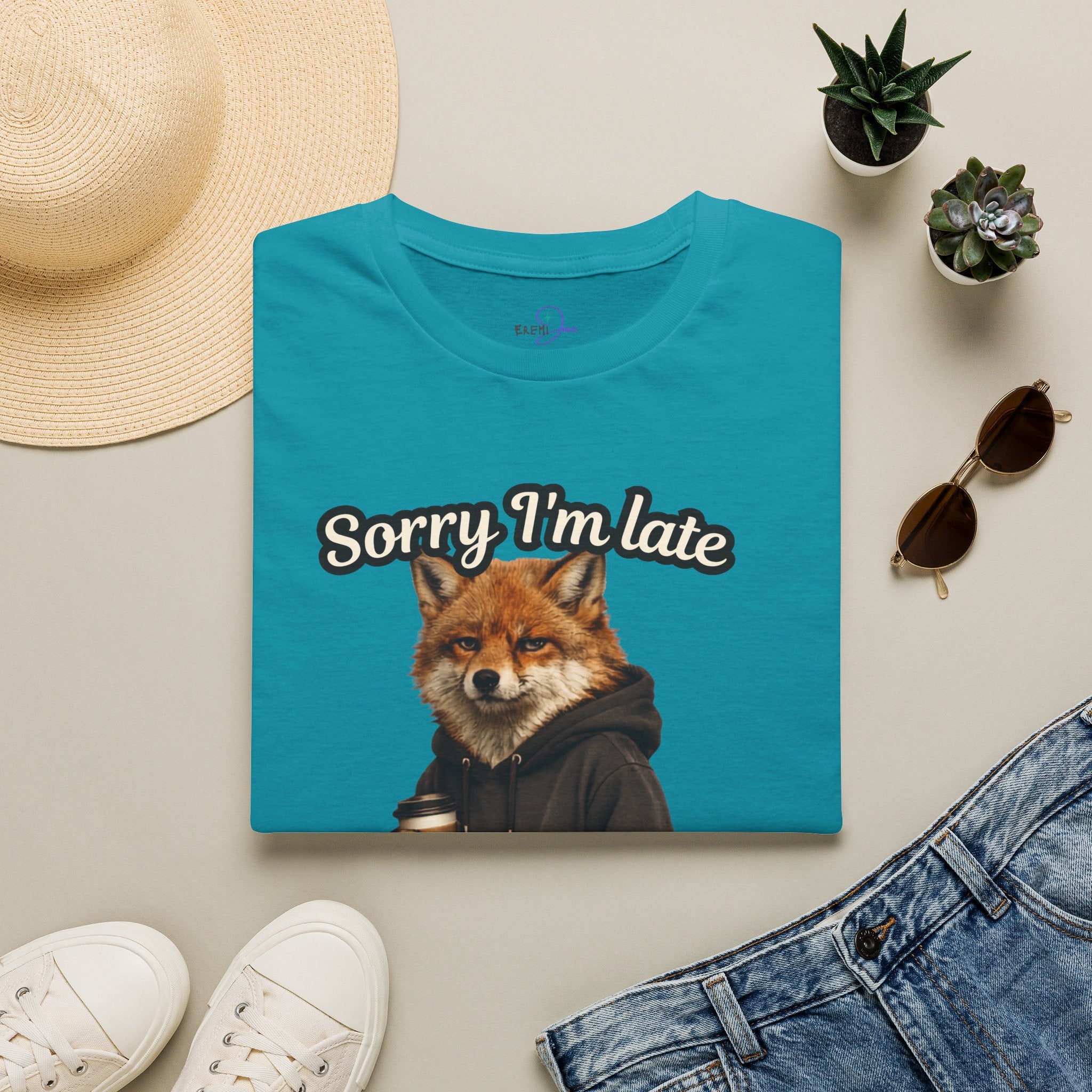 Sorry I'm Late I don't want to be here Realistic Fox Hoodie Graphic T-Shirt | Fox with Coffee Shirt