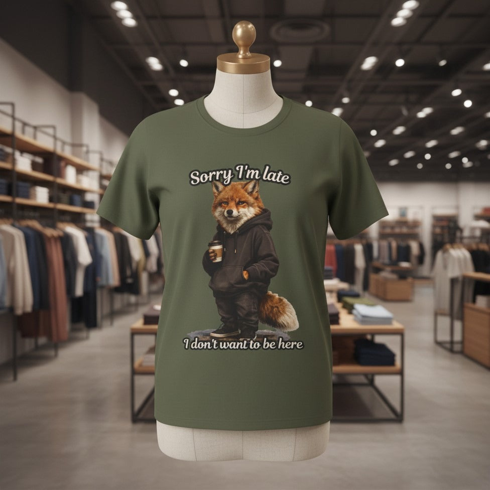 Sorry I'm Late I don't want to be here Realistic Fox Hoodie Graphic T-Shirt | Fox with Coffee Shirt