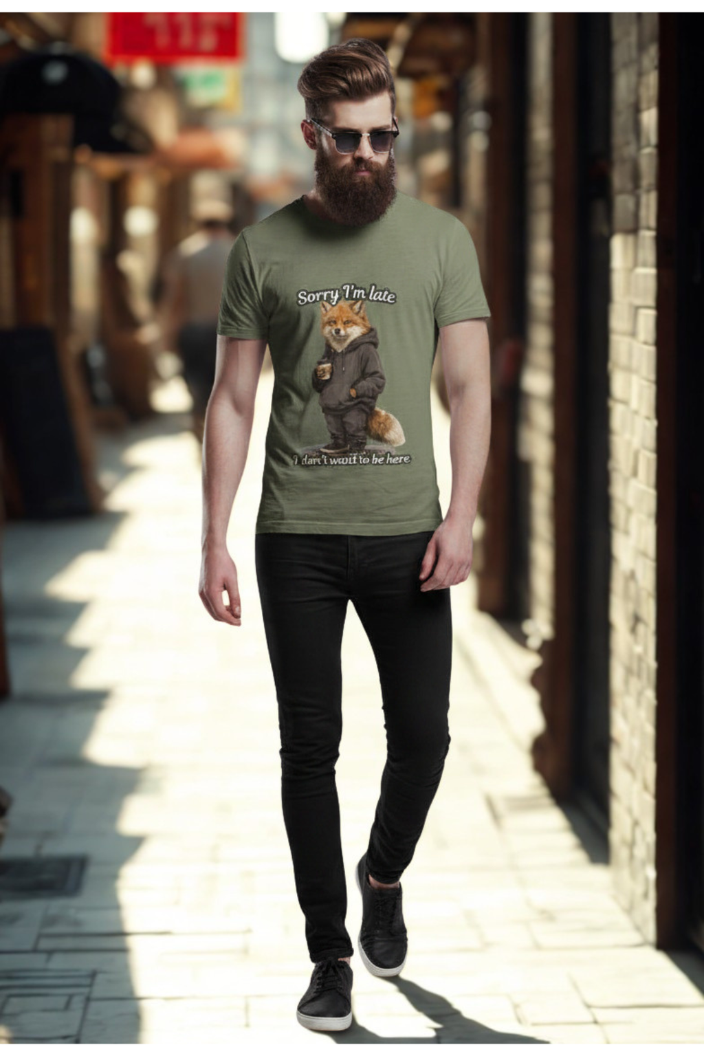 Sorry I'm Late I don't want to be here Realistic Fox Hoodie Graphic T-Shirt | Fox with Coffee Shirt