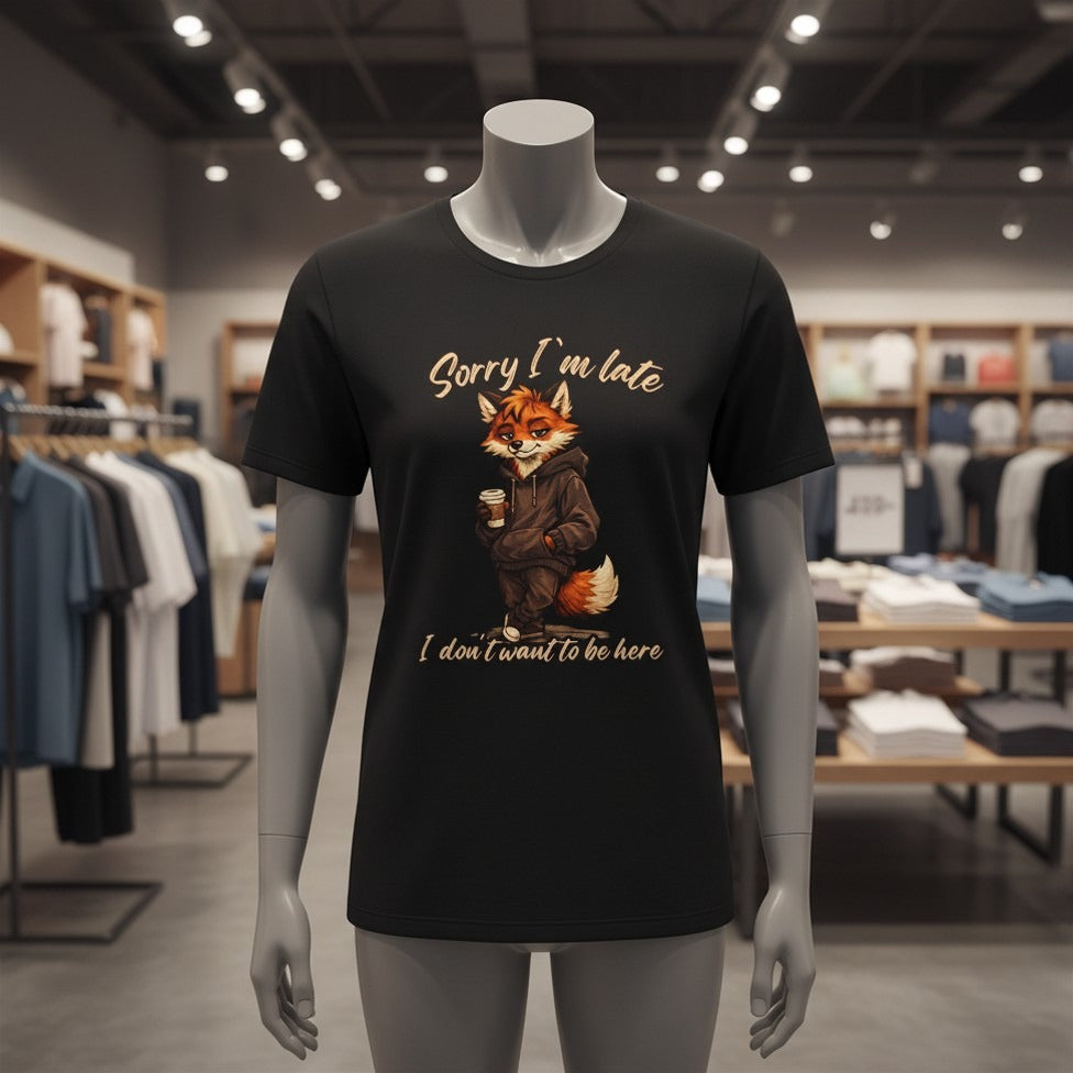 Sorry I'm Late I don't want to be here Cartoon Fox Graphic T-Shirt | Fox Illustration