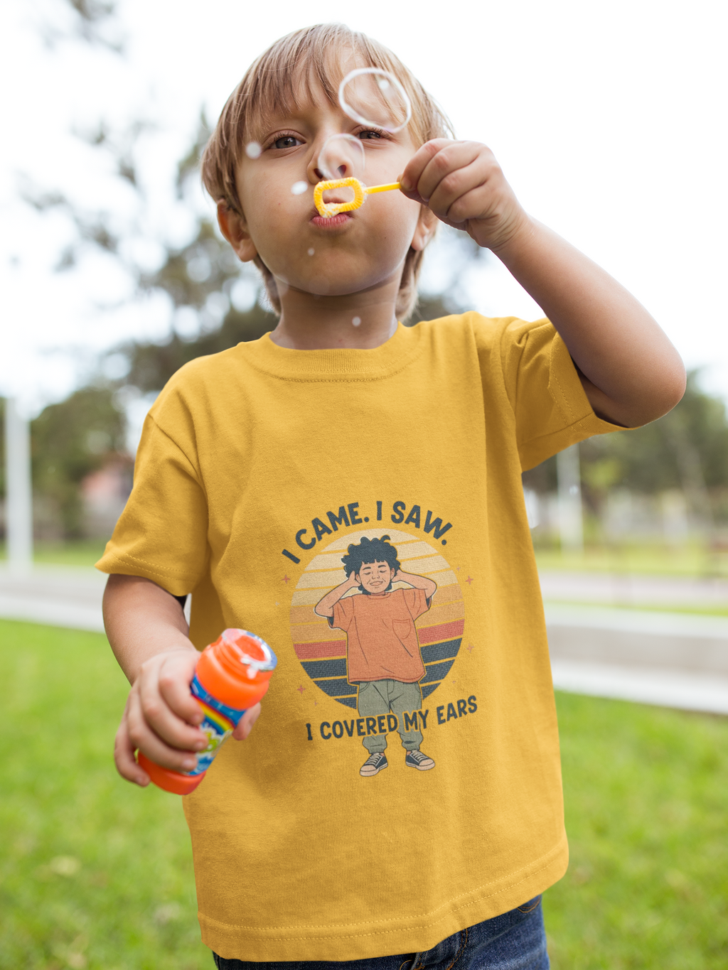 I Came I Saw I Covered My Ears Toddler Tee | Retro Sunset Boy Illustration