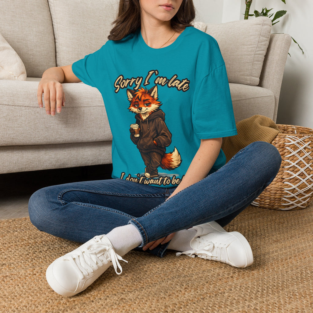 Sorry I'm Late I don't want to be here Cartoon Fox Graphic T-Shirt | Fox Illustration