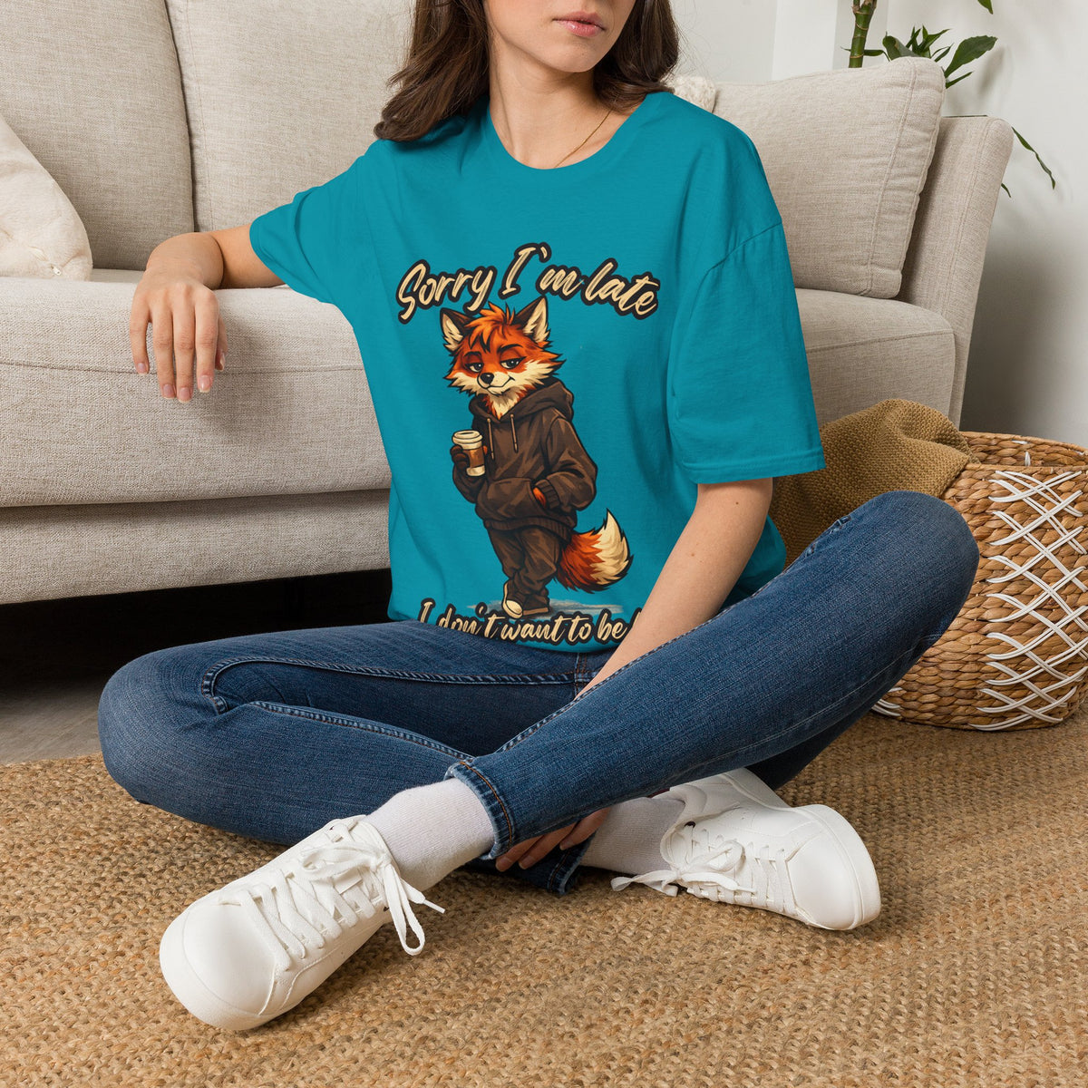 Sorry I'm Late I don't want to be here Cartoon Fox Graphic T-Shirt | Fox Illustration