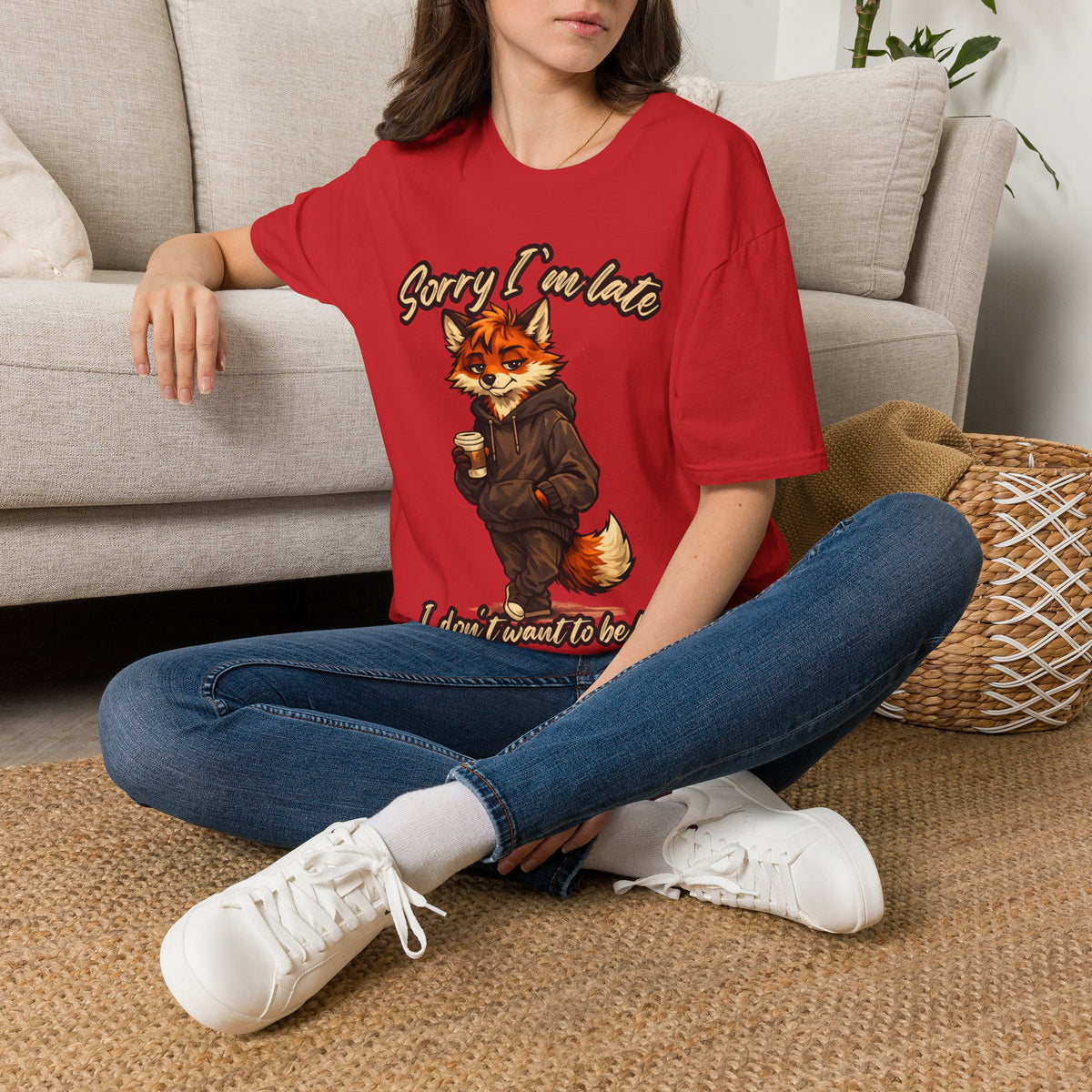 Sorry I'm Late I don't want to be here Cartoon Fox Graphic T-Shirt | Fox Illustration
