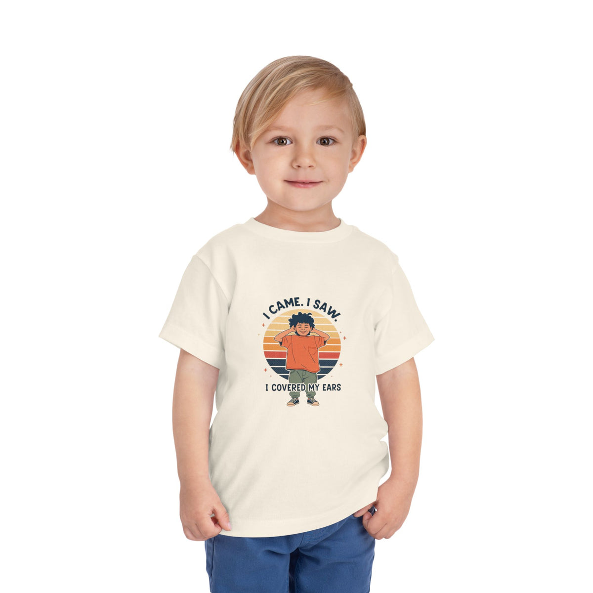 I Came I Saw I Covered My Ears Toddler Tee | Retro Sunset Boy Illustration