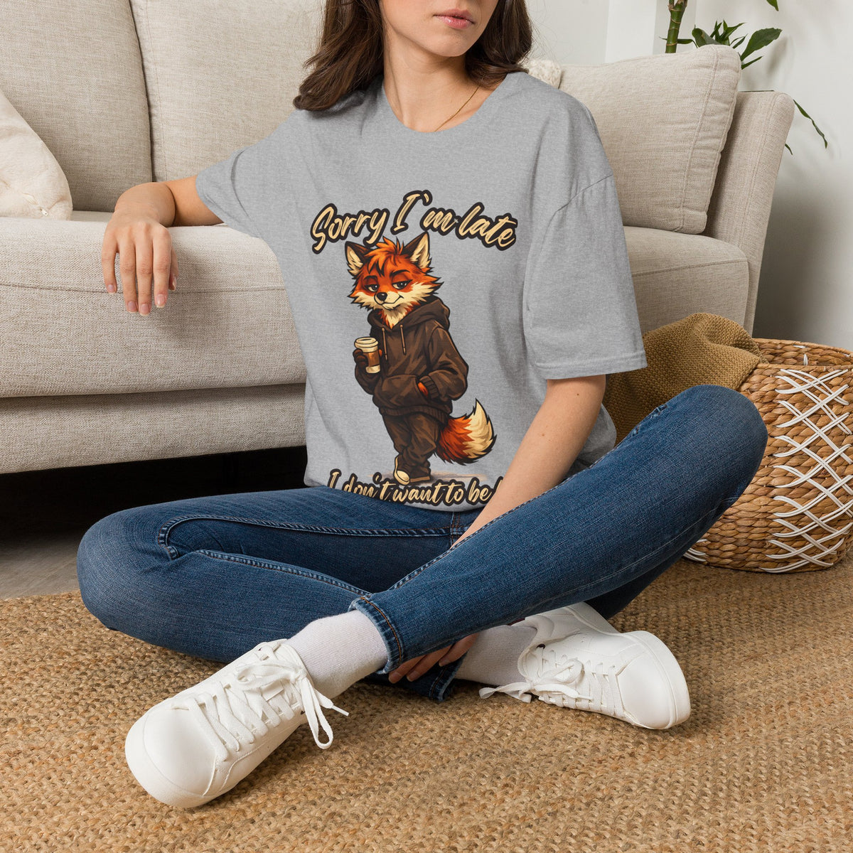 Sorry I'm Late I don't want to be here Cartoon Fox Graphic T-Shirt | Fox Illustration