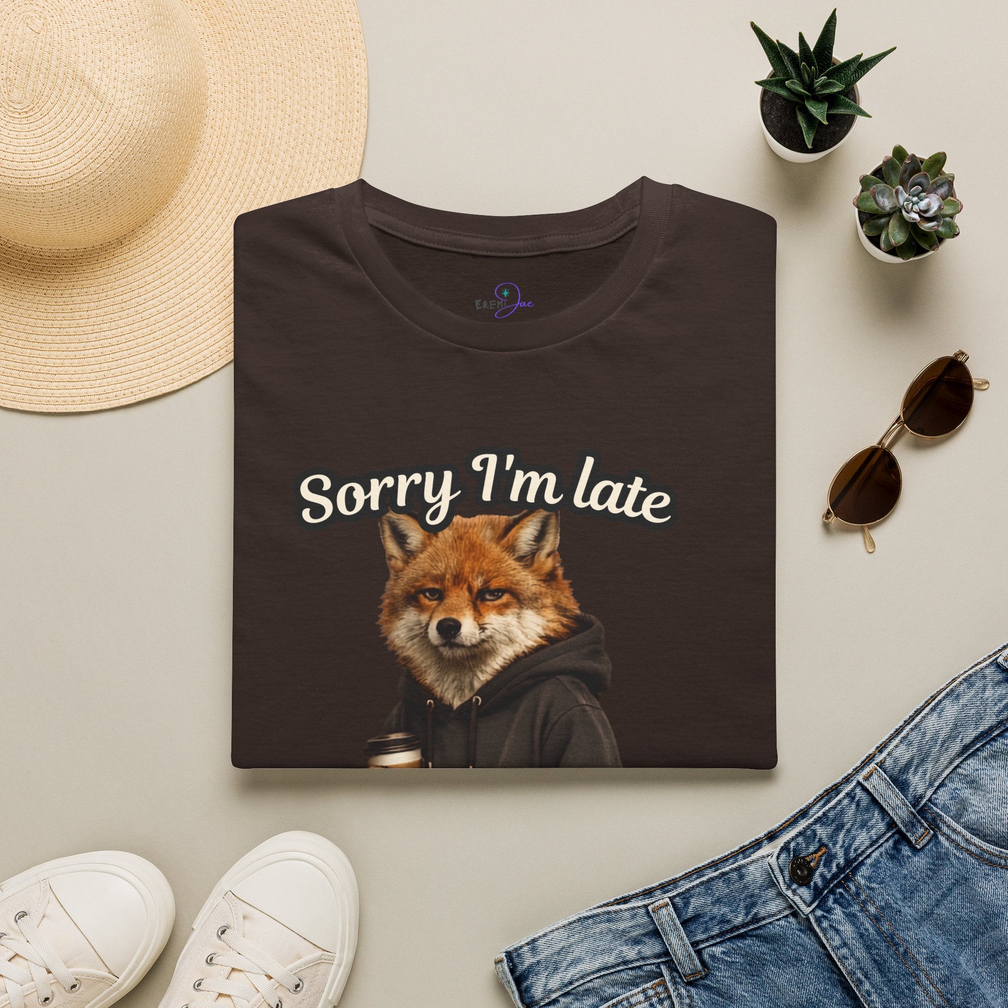 Sorry I'm Late I don't want to be here Realistic Fox Hoodie Graphic T-Shirt | Fox with Coffee Shirt
