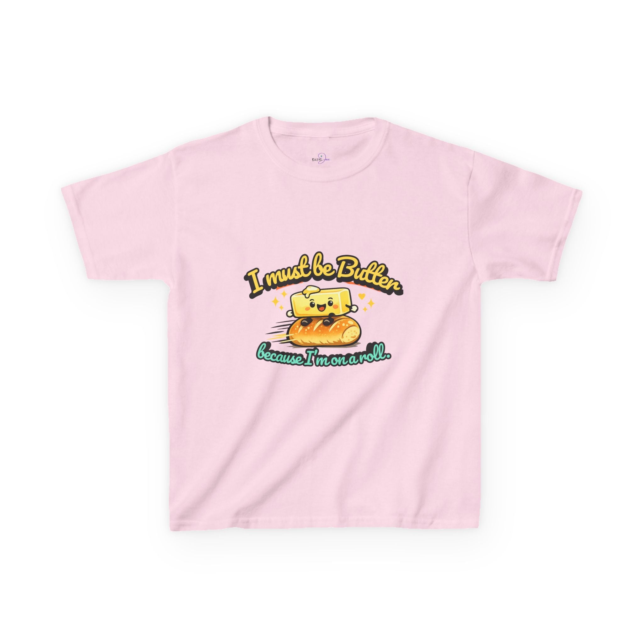 I Must Be Butter because I'm on a roll Kids Tee | Cute Butter Toast Cartoon, Playful Food Shirt