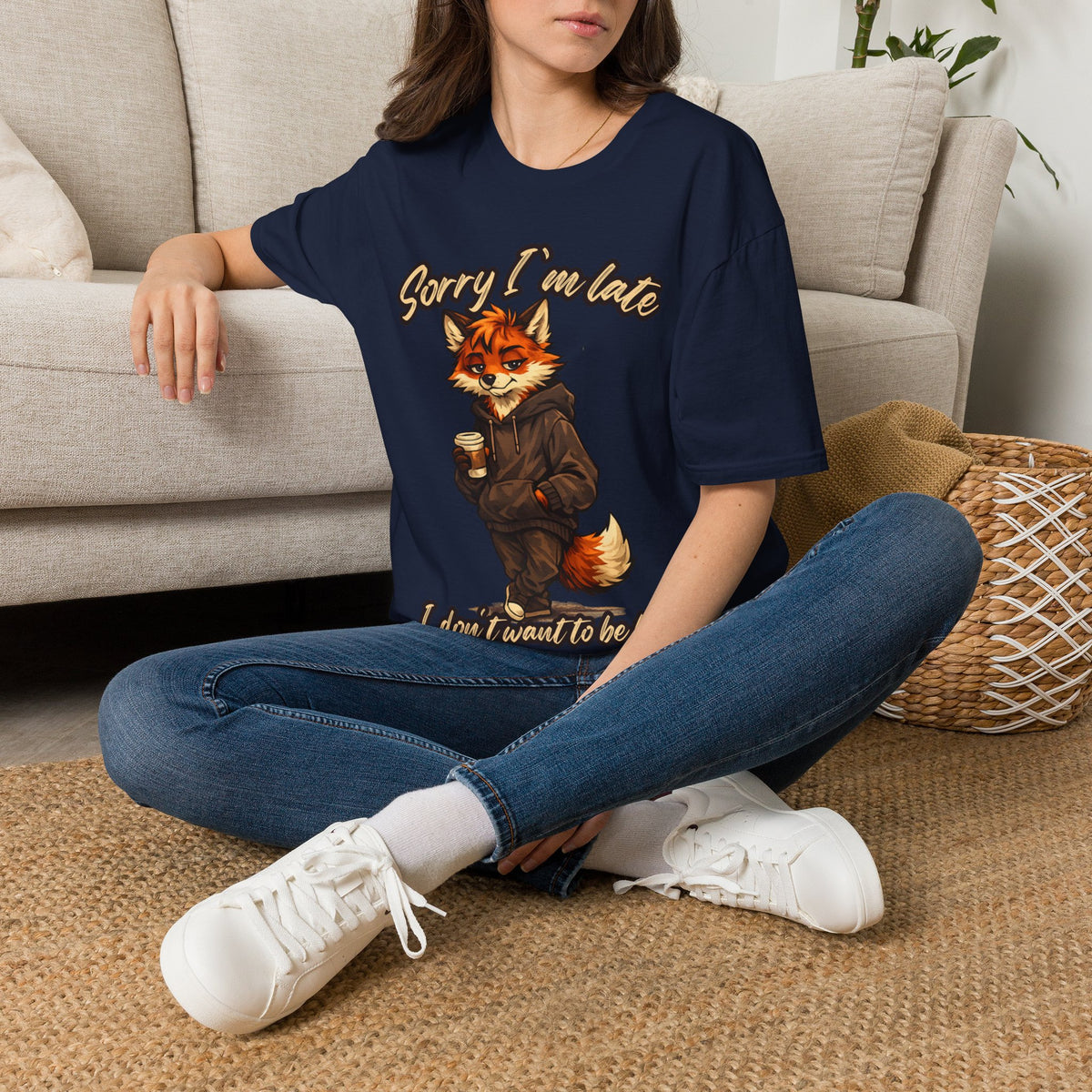 Sorry I'm Late I don't want to be here Cartoon Fox Graphic T-Shirt | Fox Illustration