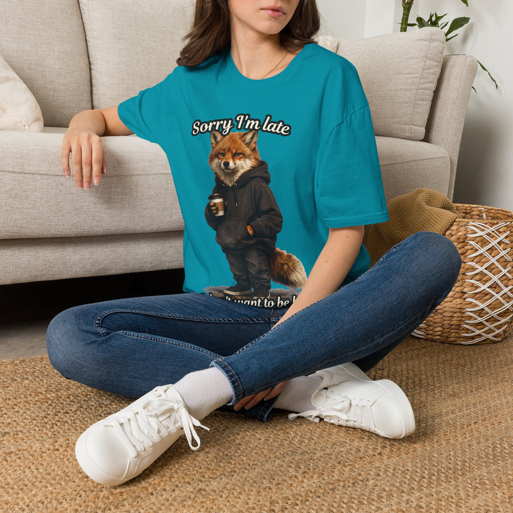 Sorry I'm Late I don't want to be here Realistic Fox Hoodie Graphic T-Shirt | Fox with Coffee Shirt