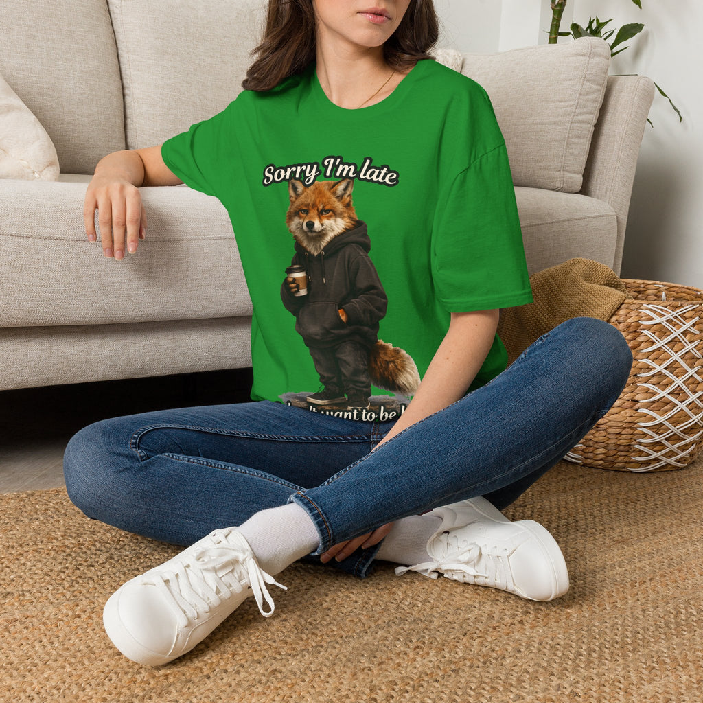 Sorry I'm Late I don't want to be here Realistic Fox Hoodie Graphic T-Shirt | Fox with Coffee Shirt