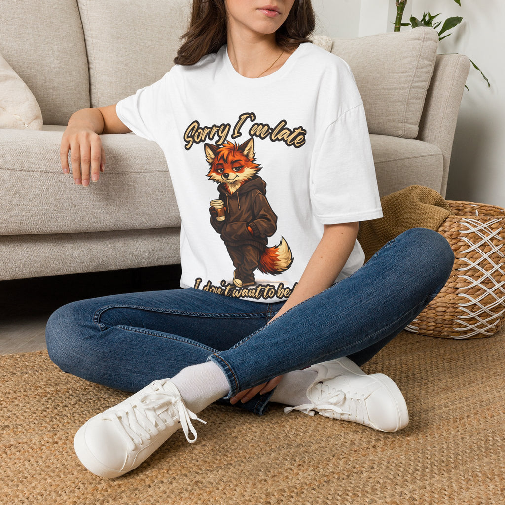 Sorry I'm Late I don't want to be here Cartoon Fox Graphic T-Shirt | Fox Illustration