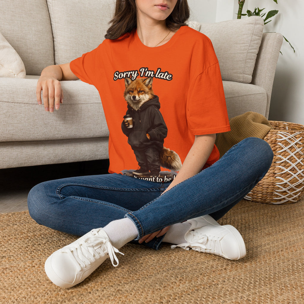 Sorry I'm Late I don't want to be here Realistic Fox Hoodie Graphic T-Shirt | Fox with Coffee Shirt
