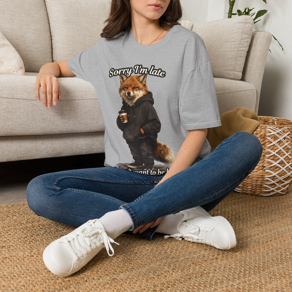 Sorry I'm Late I don't want to be here Realistic Fox Hoodie Graphic T-Shirt | Fox with Coffee Shirt