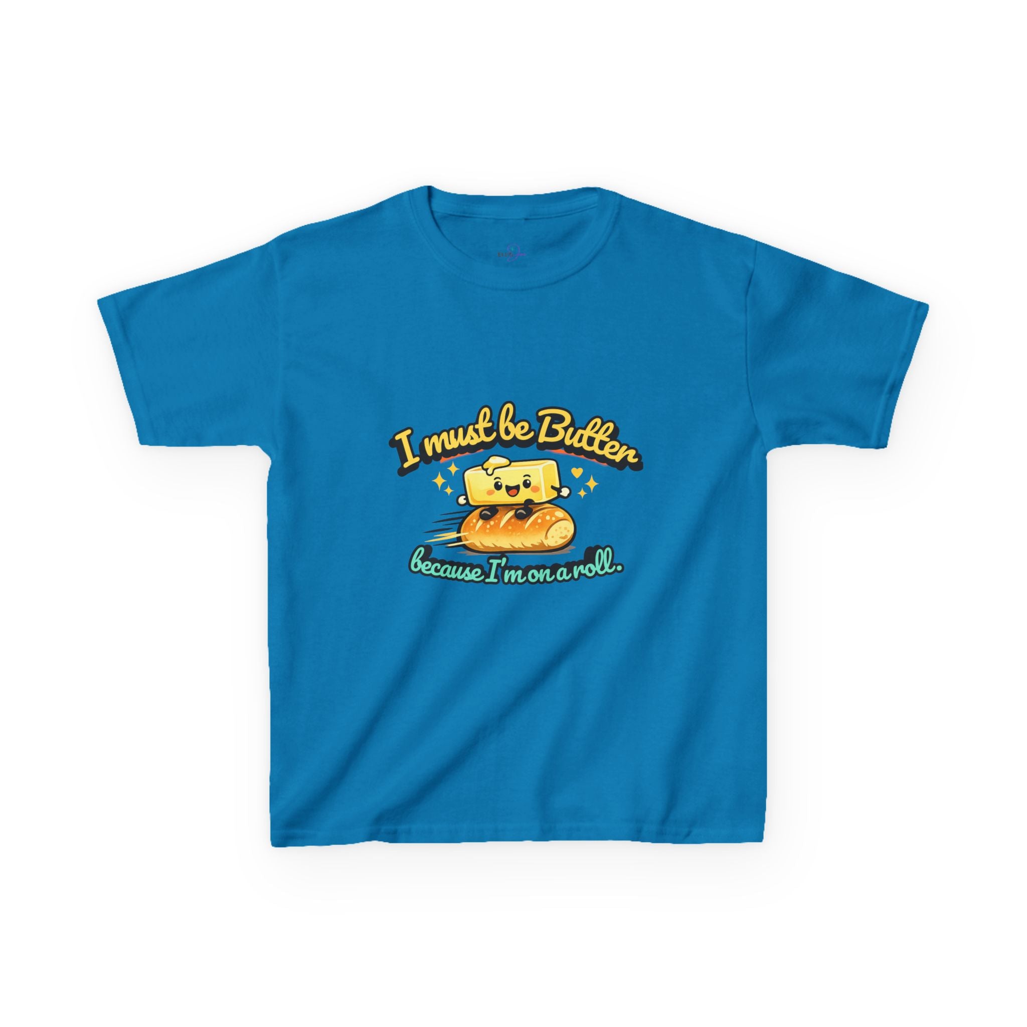 I Must Be Butter because I'm on a roll Kids Tee | Cute Butter Toast Cartoon, Playful Food Shirt