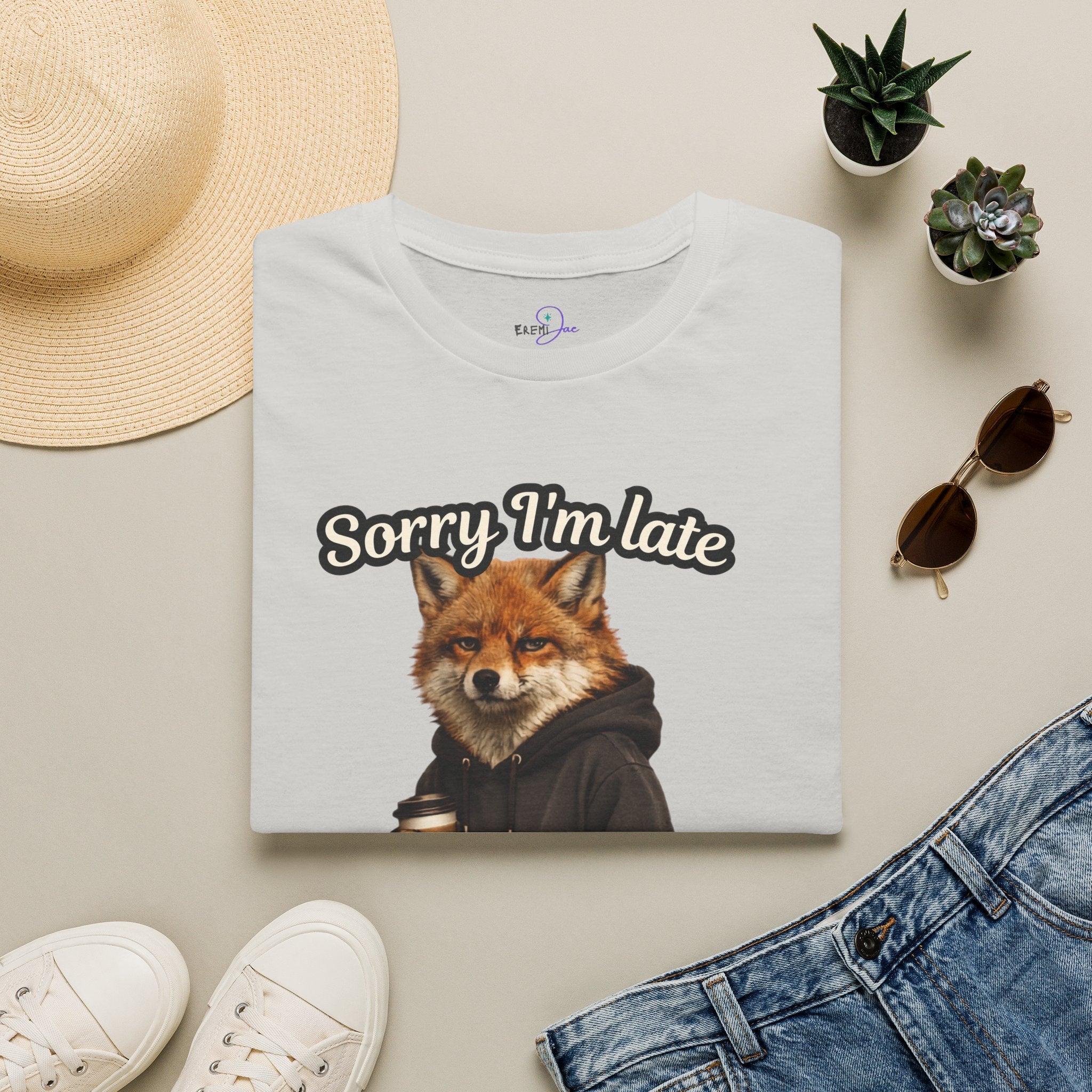 Sorry I'm Late I don't want to be here Realistic Fox Hoodie Graphic T-Shirt | Fox with Coffee Shirt