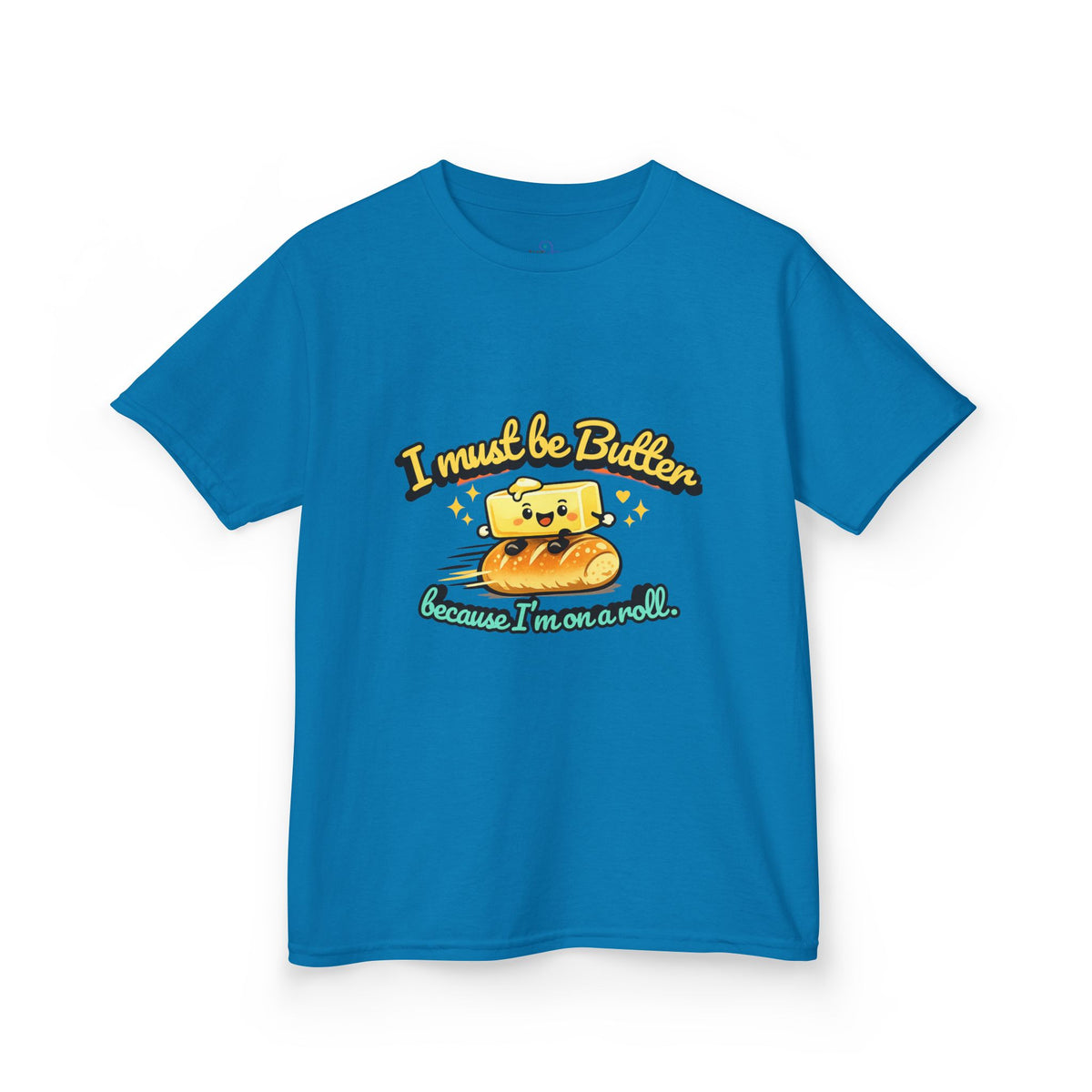 I Must Be Butter because I'm on a roll Kids Tee | Cute Butter Toast Cartoon, Playful Food Shirt