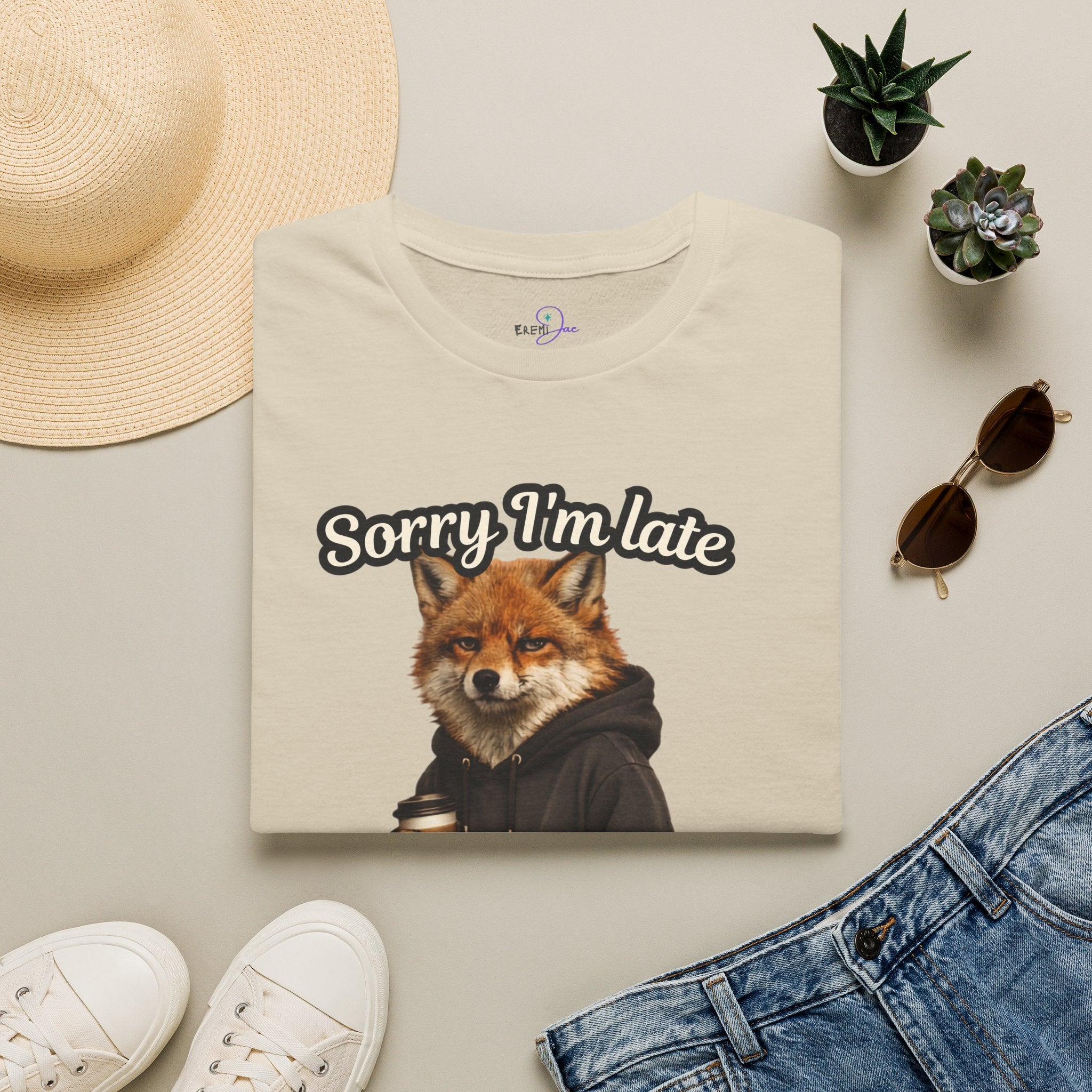 Sorry I'm Late I don't want to be here Realistic Fox Hoodie Graphic T-Shirt | Fox with Coffee Shirt