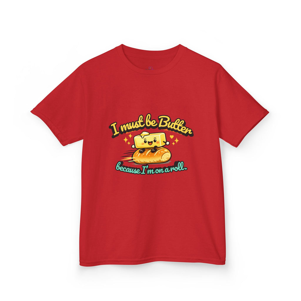I Must Be Butter because I'm on a roll Kids Tee | Cute Butter Toast Cartoon, Playful Food Shirt