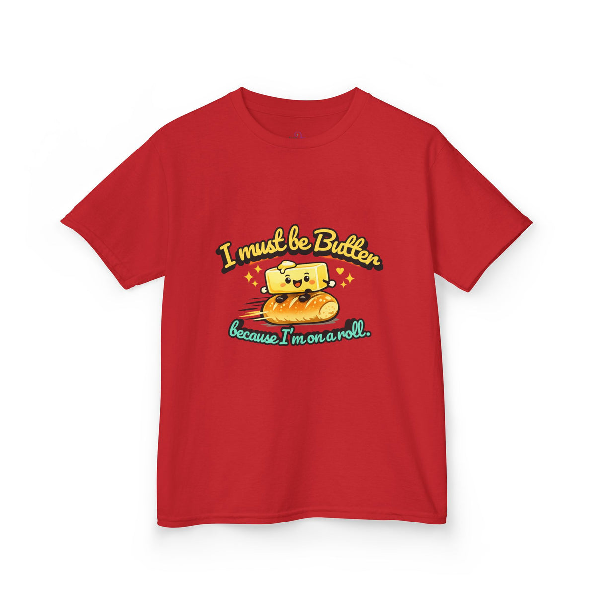 I Must Be Butter because I'm on a roll Kids Tee | Cute Butter Toast Cartoon, Playful Food Shirt
