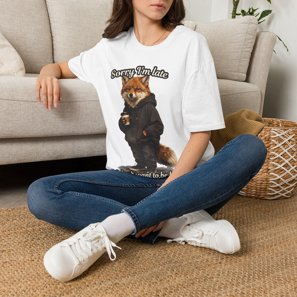 Sorry I'm Late I don't want to be here Realistic Fox Hoodie Graphic T-Shirt | Fox with Coffee Shirt