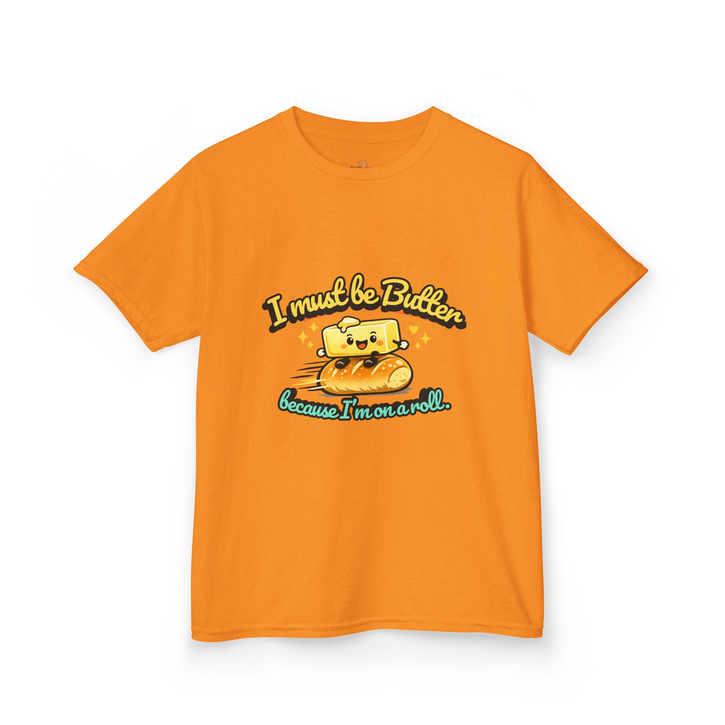 I Must Be Butter because I'm on a roll Kids Tee | Cute Butter Toast Cartoon, Playful Food Shirt